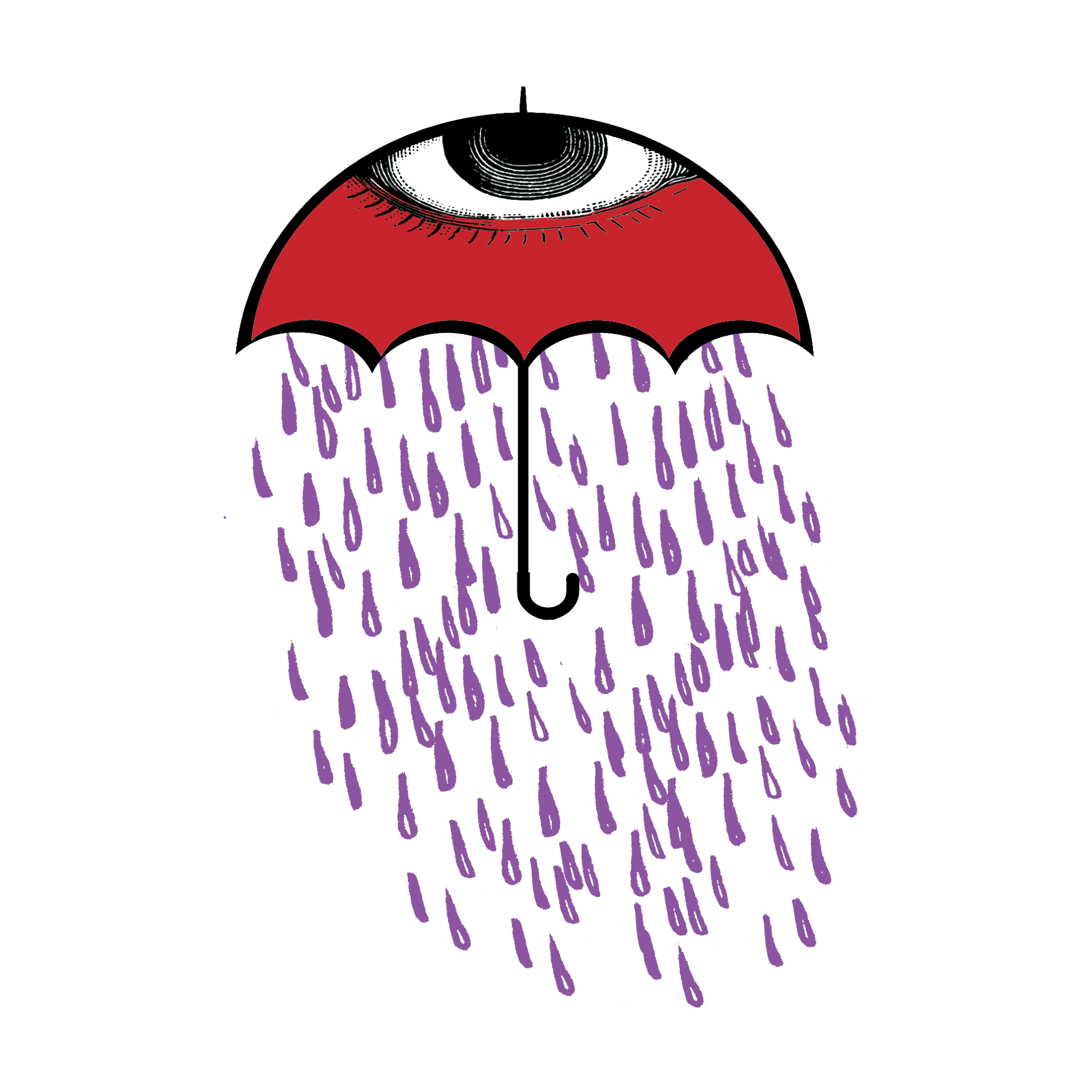 A red umbrella with a black and white eye on the top rains purple rain.