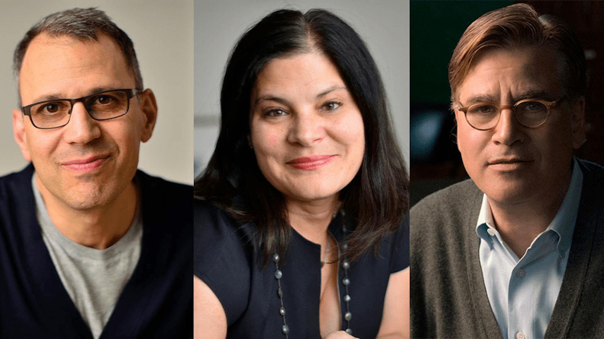 Portraits of the three filmmakers, each looking to camera against a blurred background.