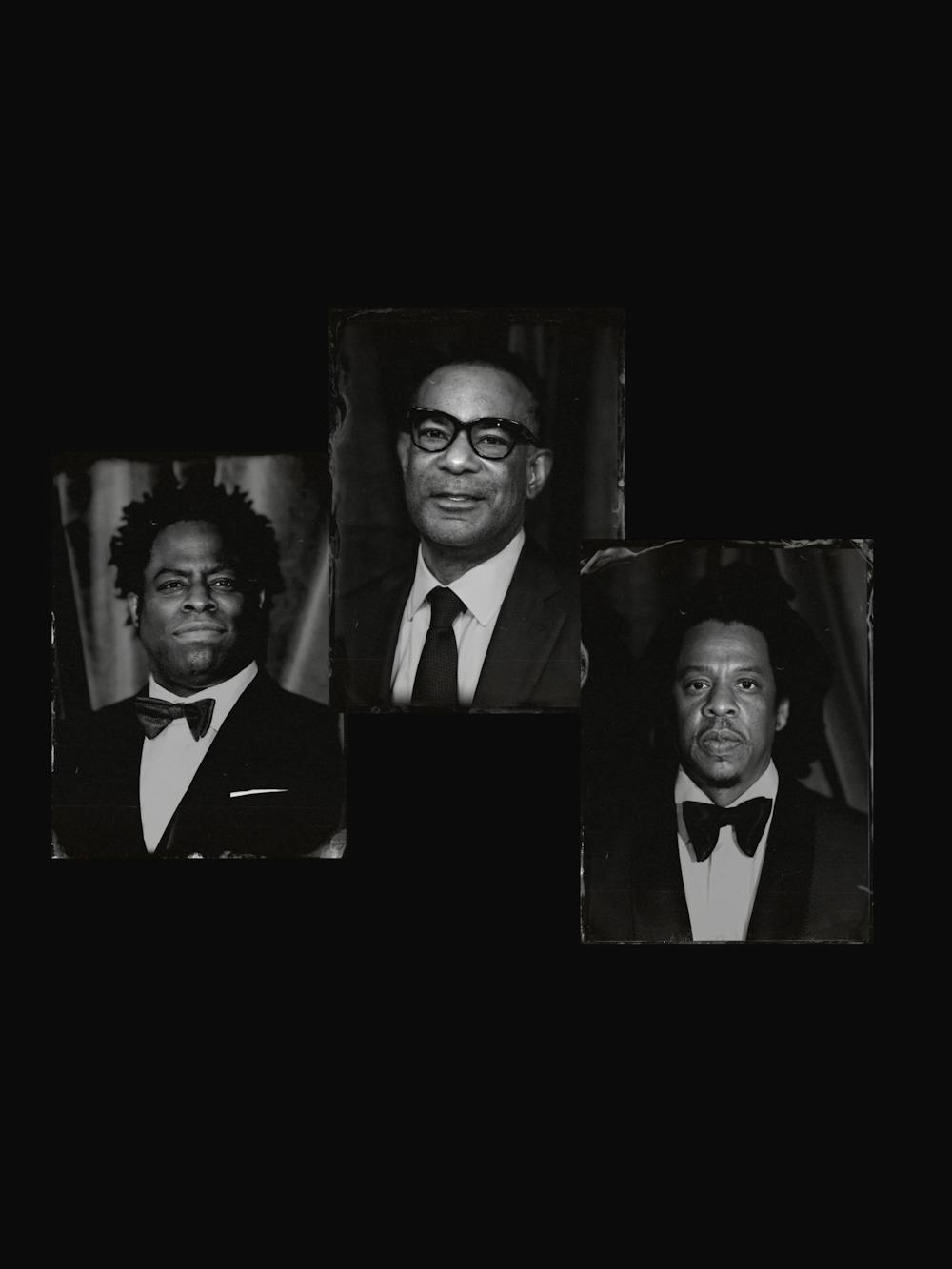Jeymes Samuel, James Lassiter, and Shawn Carter in this triptych black and white arrangement. They each wear suits. 
