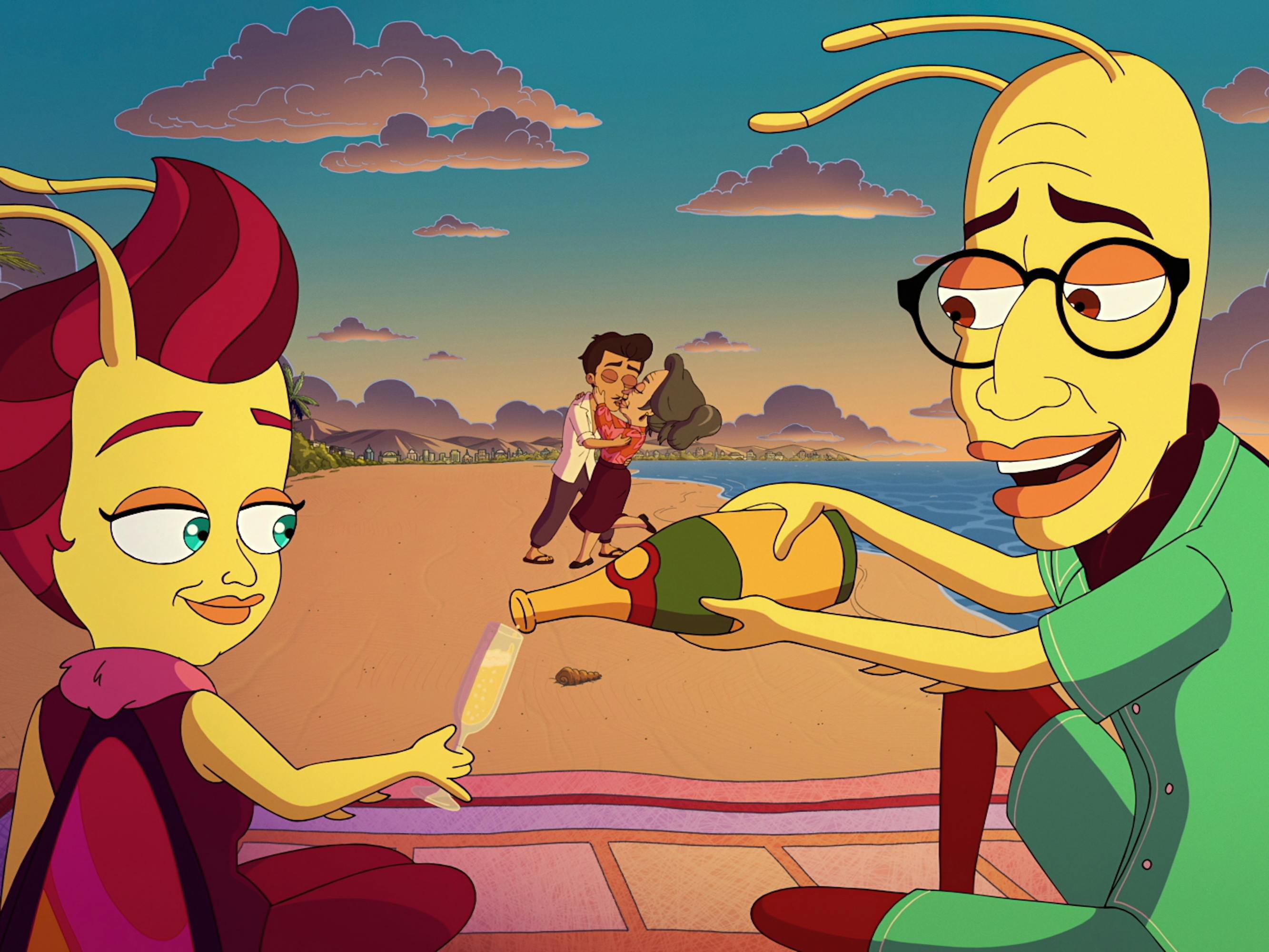 Emmy the Lovebug (Aidy Bryant), Yara (Nidah Barber-Raymond), and Walter the Lovebug (Brandon Kyle Goodman) on a sunset-lit beach.