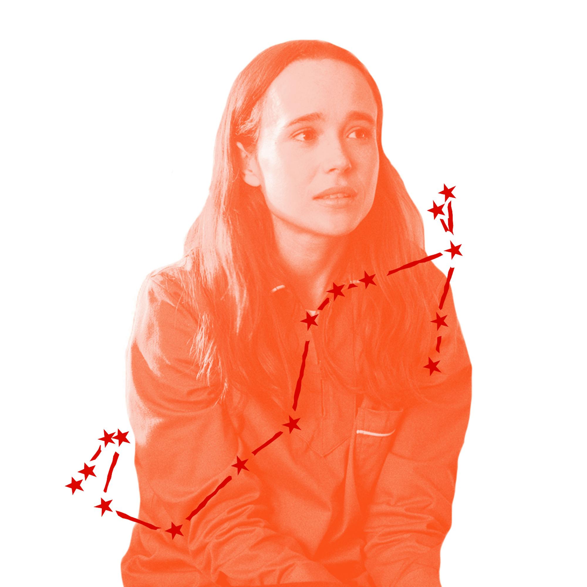 Vanya Hargreeves (played by Elliot Page) looks like she has all the feelings and secrets worthy of a Scorpio rising in this still from The Umbrella Academy. Over the image is an illustration of Vanya’s zodiac constellation.
