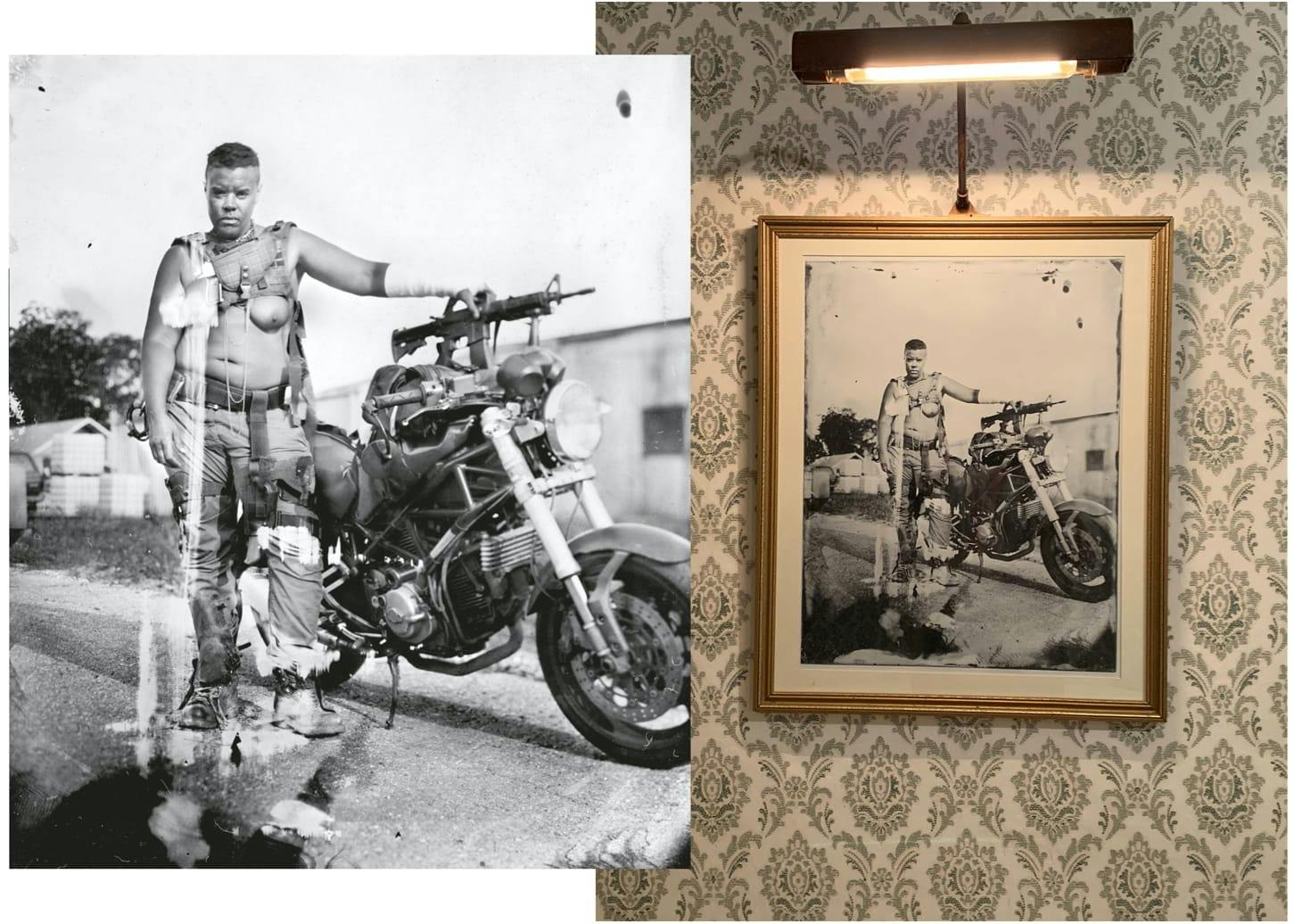 Two images of a piece of artwork, and the artwork where it belongs in the house. The portrait is of a shirtless person, wearing pants and standing next to a motorcycle holding a gun. In the house it hangs against a wallpapered wall with a light at its top.