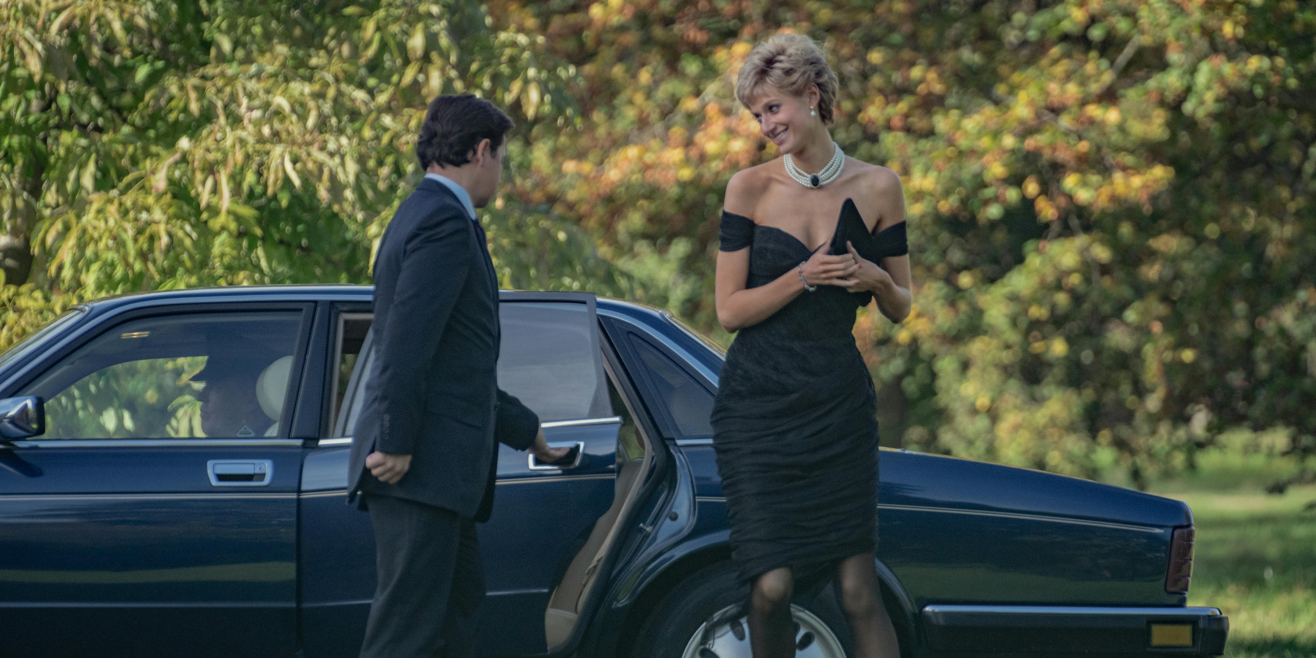 Princess Diana (Elizabeth Debicki) wears the epic revenge dress, diamond choker, and sheer tights as she steps out of a station wagon.