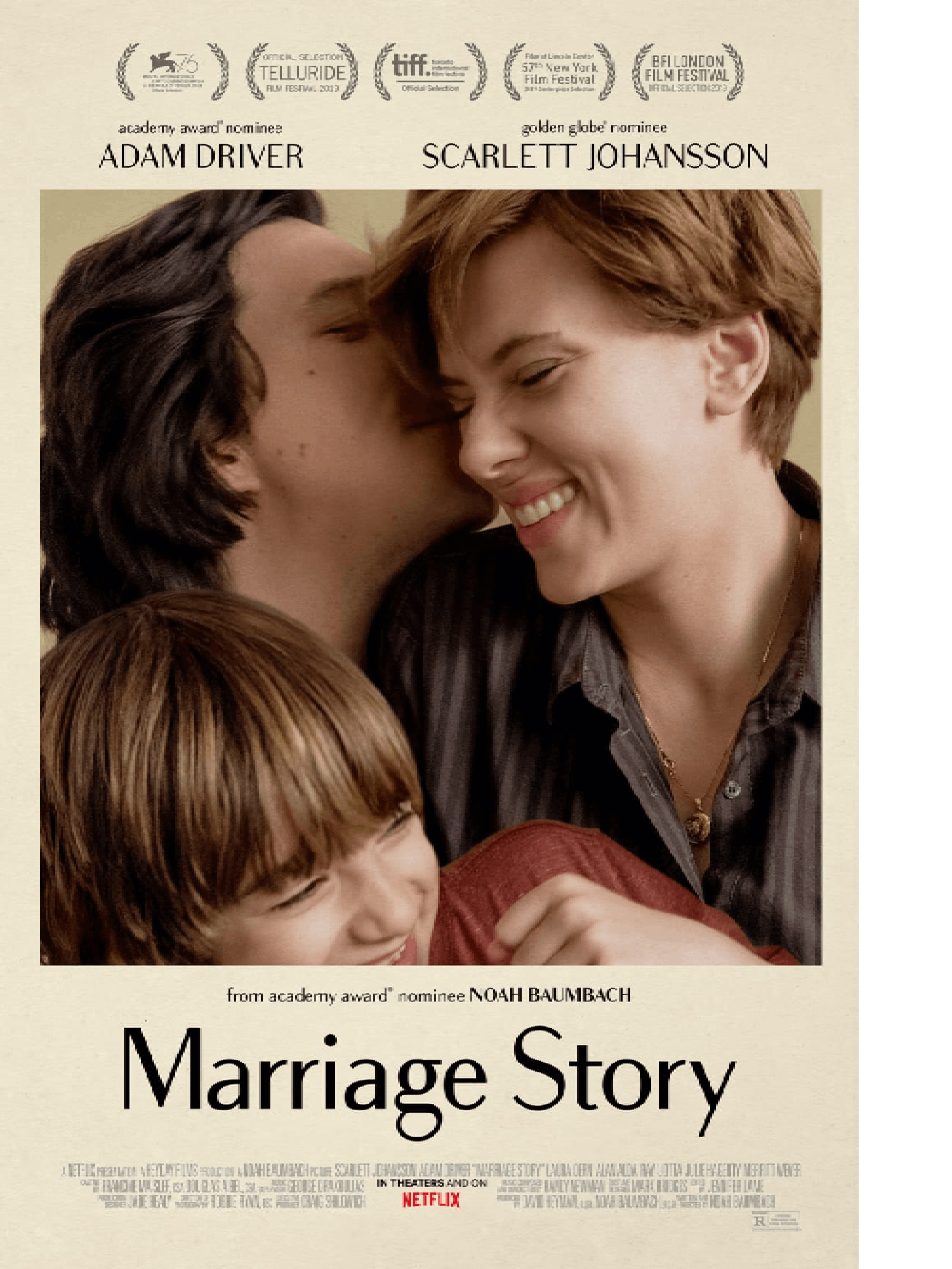 The key art for Netflix’s Marriage Story. The poster shows the two main characters and their son in an embrace. The actors names, awards won, title and other information line the image in black text.