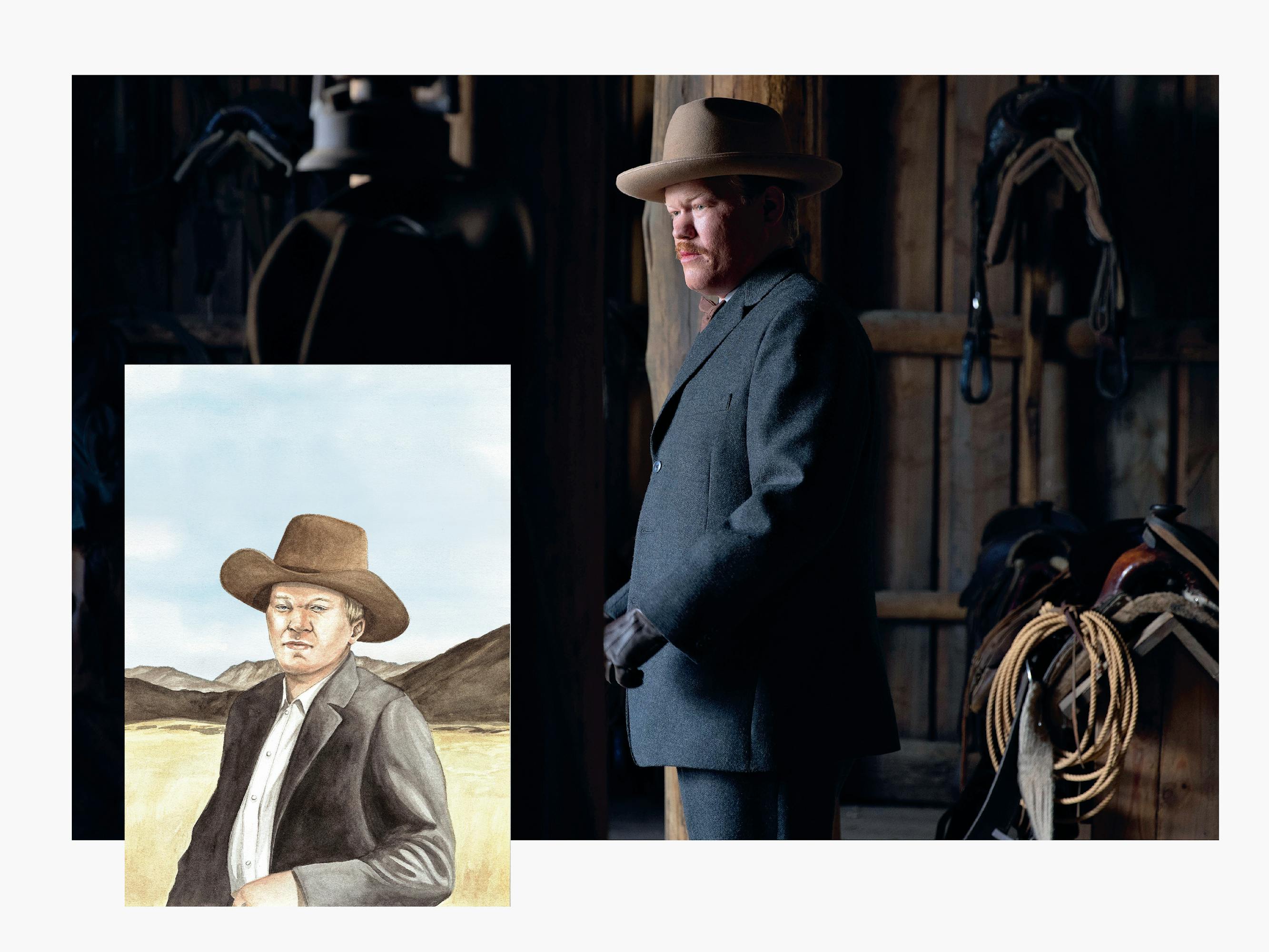 Jesse Plemons wears a grey suit and brown hat in a stable. In the bottom left is a sketch of Jesse in the same outfit.