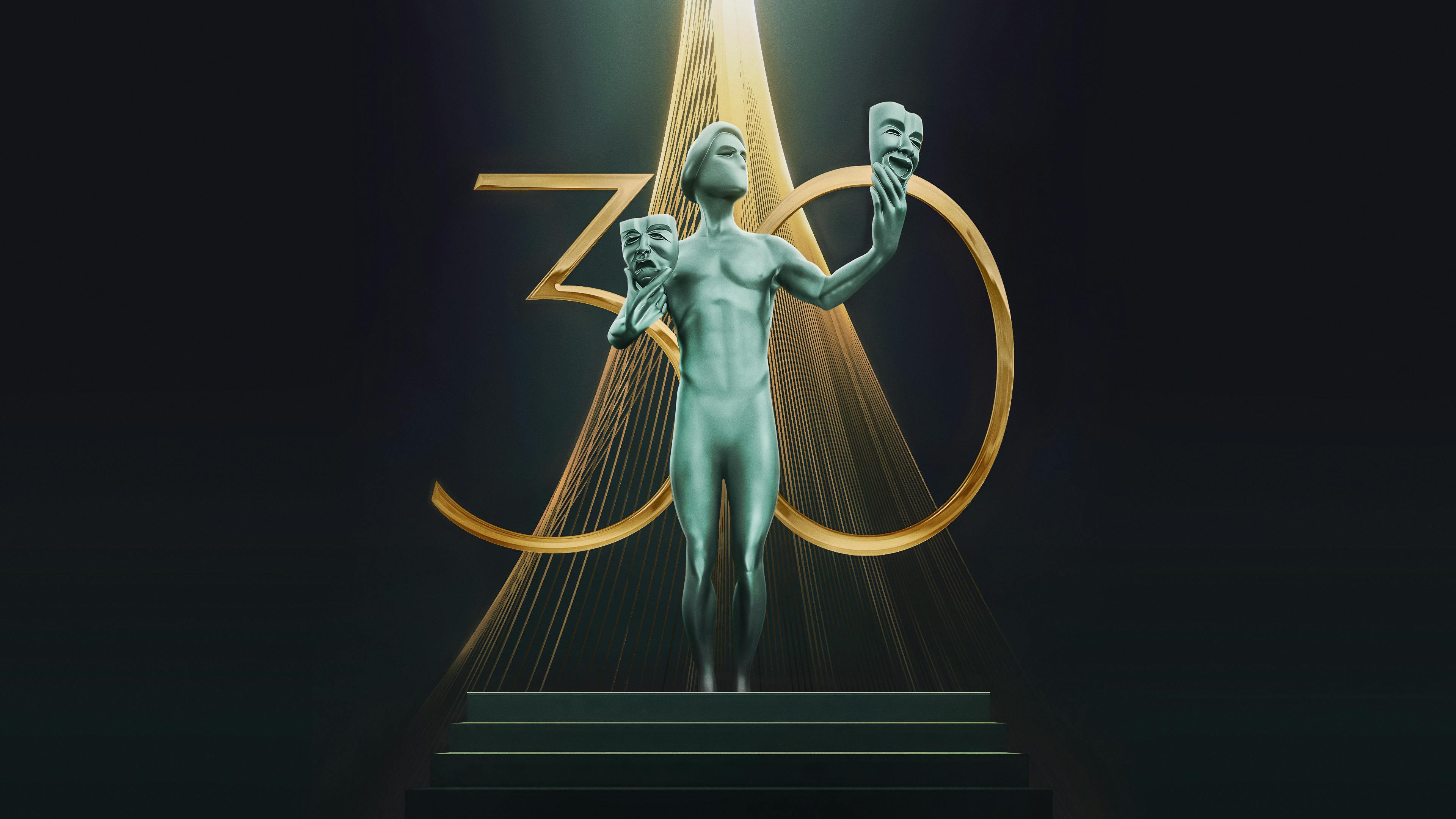 The logo for the 30th SAG Awards: a green statue stands in front of '30' in gold lettering.