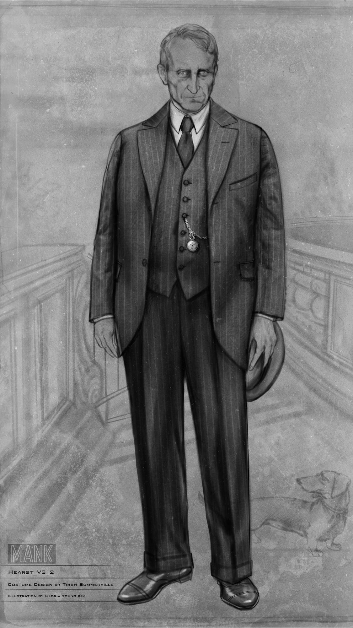 Black-and-white costume sketch for William Randolph Hearst. He looks stern in a pinstripe suit, holding his hat, with a pocket watch peeking through his open jacket. 