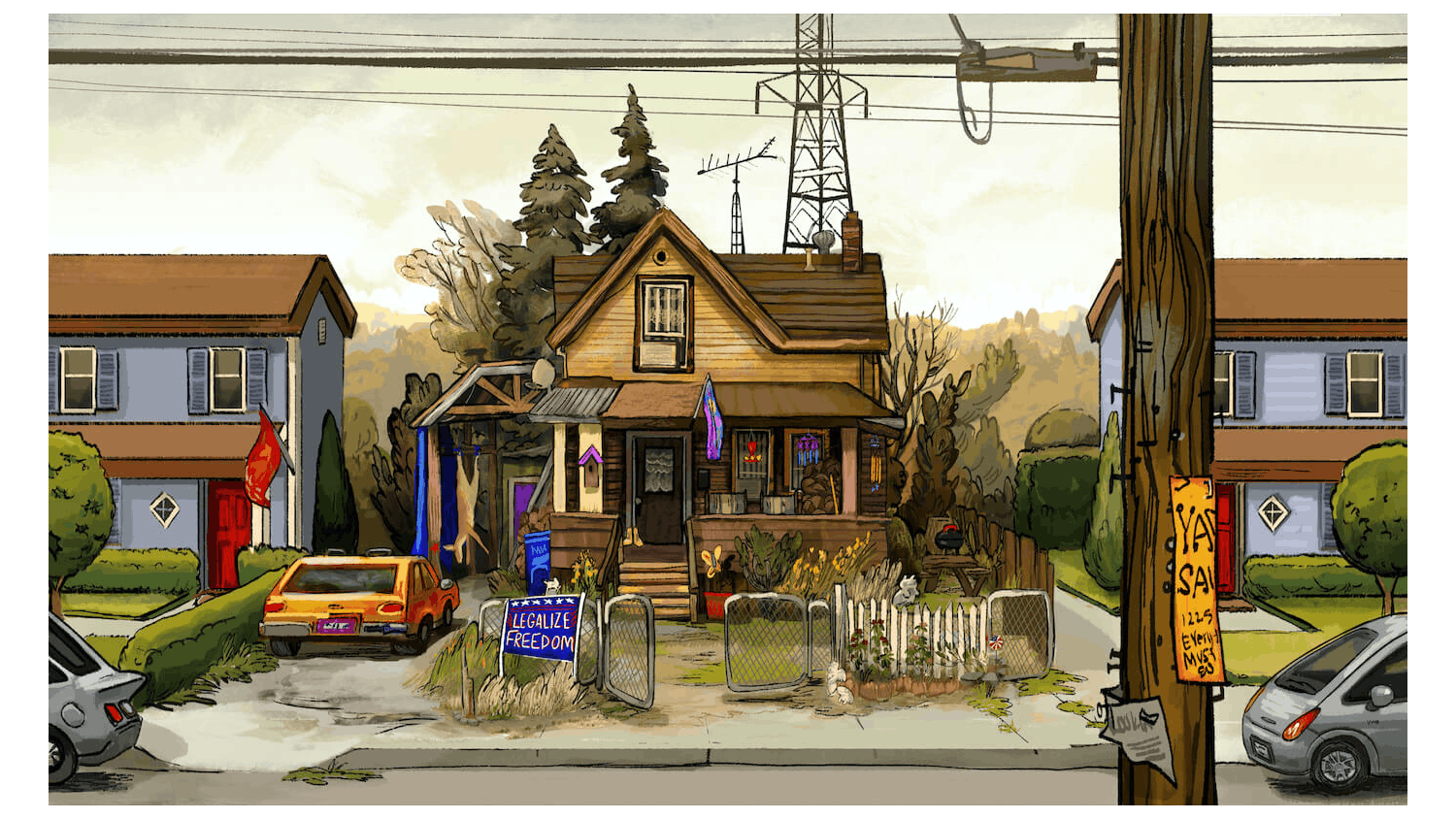 The outside of a brown house. In the driveway is a yellow car and a hanging animal. Out front is a metal gate, a ‘legalize freedom’ sign, some plants, and some knick knicks.