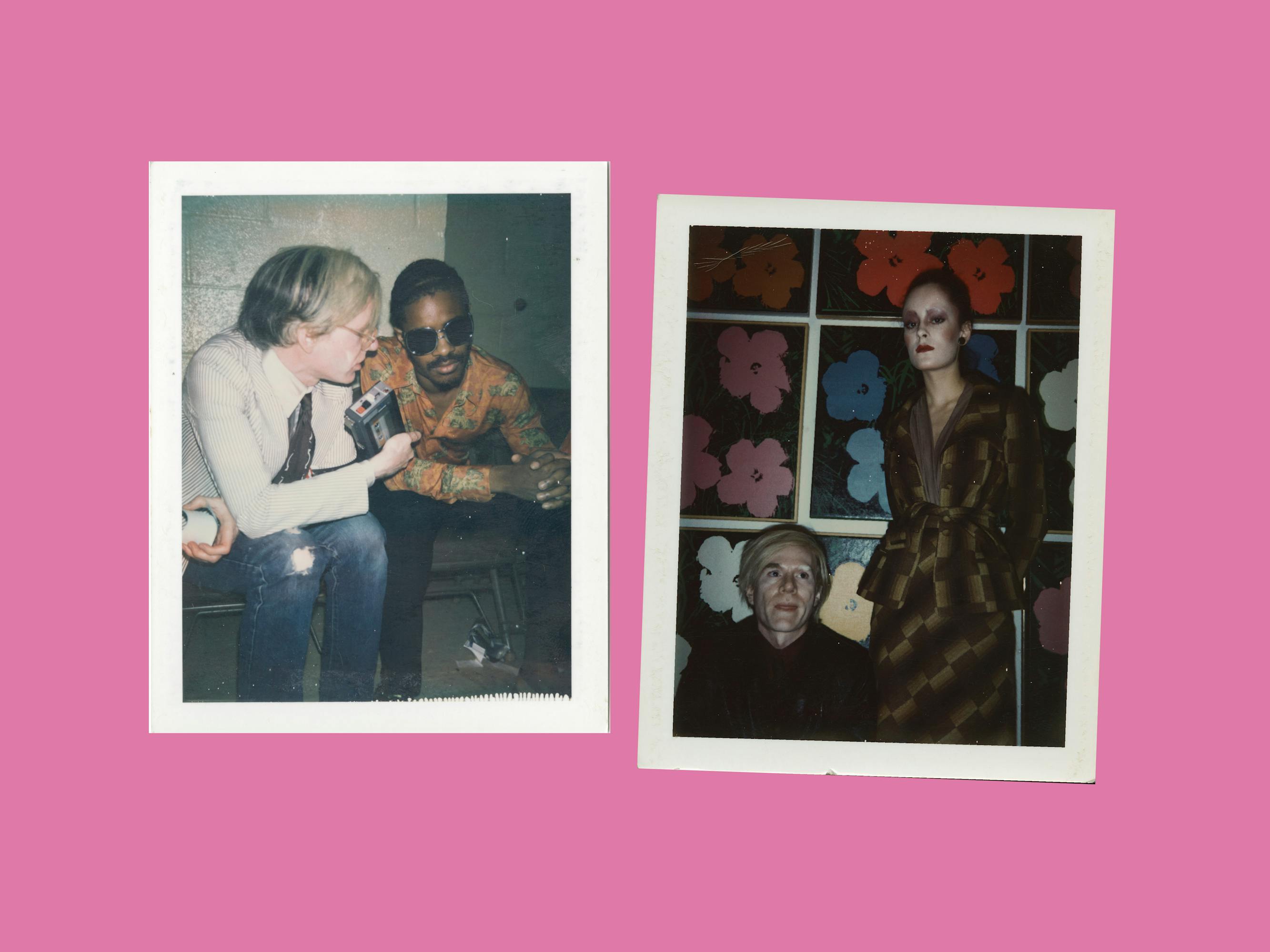 Two images, the first: Warhol and Stevie Wonder; the second: Warhol and Jane Forth. In the first, Warhol wears jeans and holds a mic to Stevie Wonder's face. In the second, Warhol wears a dark top and stands next to a made up Forth.