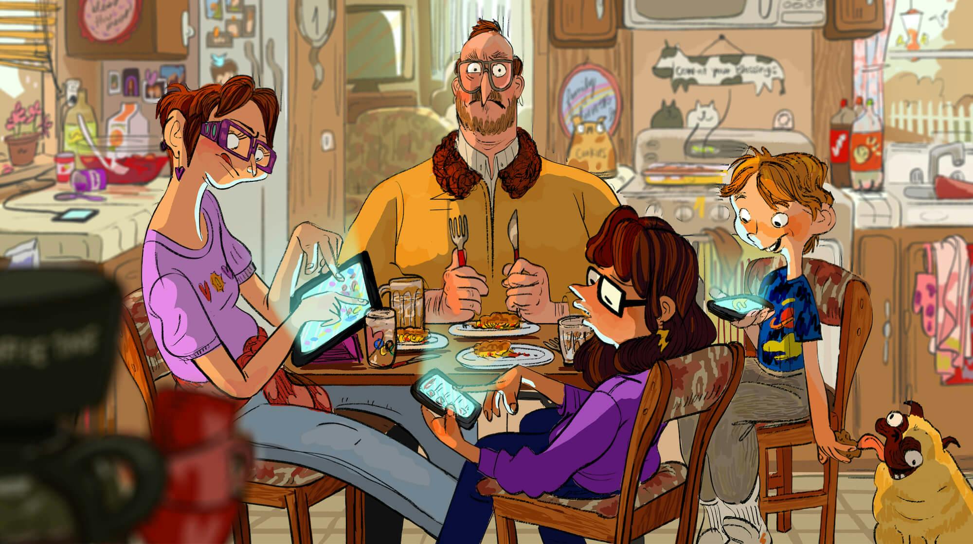 The Mitchells sit at the kitchen table. Linda looks on her iPad, Katie scrolls on her phone, and Aaron smiles in glee at something on his phone as Monchi licks his finger. Only Rick is screen-less holding his knife and fork at the ready over his meal. Behind them the kitchen is cluttered with soda litre bottles, bowls, and dishtowels.