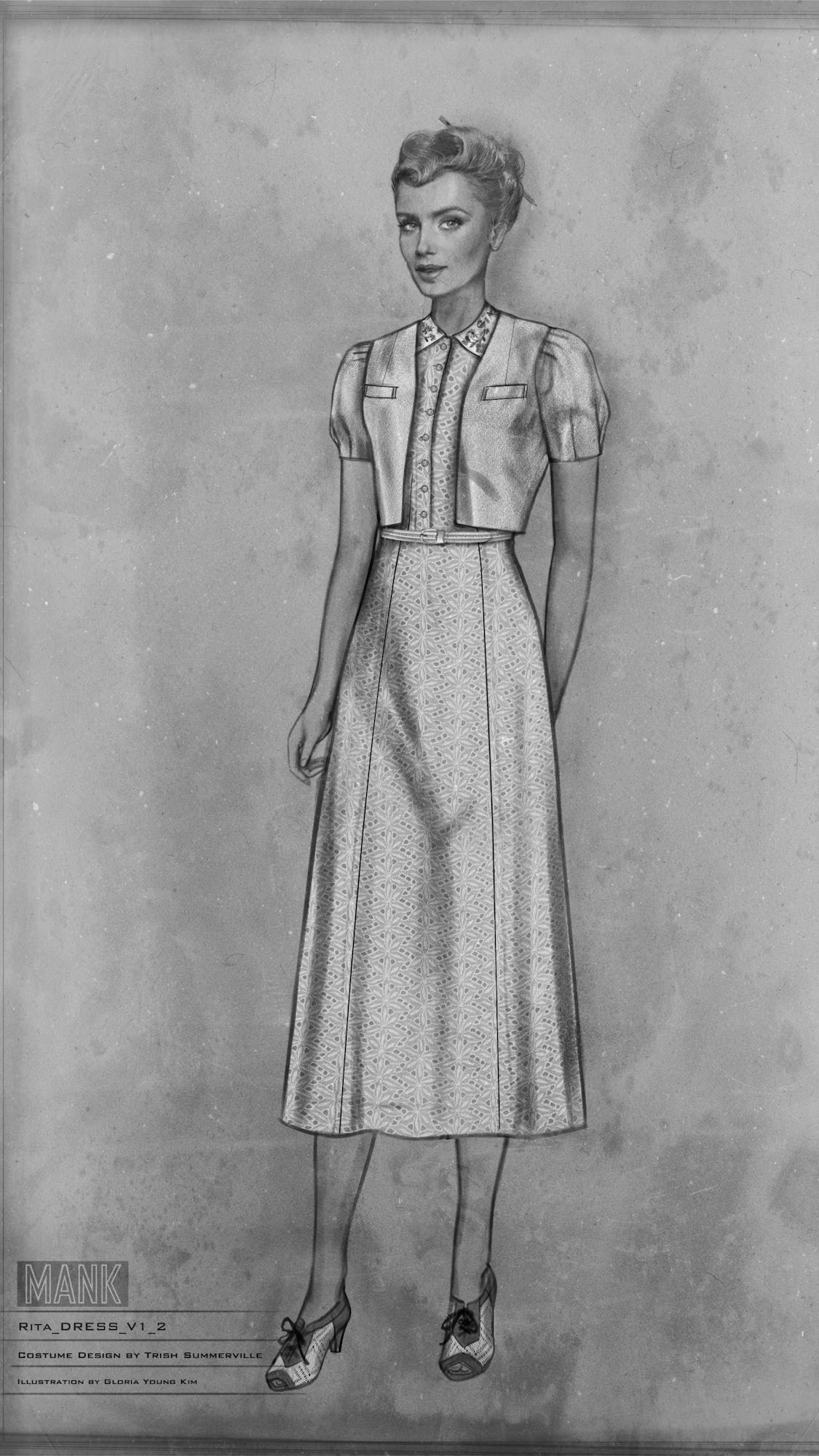 Costume sketch of Rita Alexander with her hair pulled back, wearing a belted dress, sensible heels, and short-sleeve bolero.