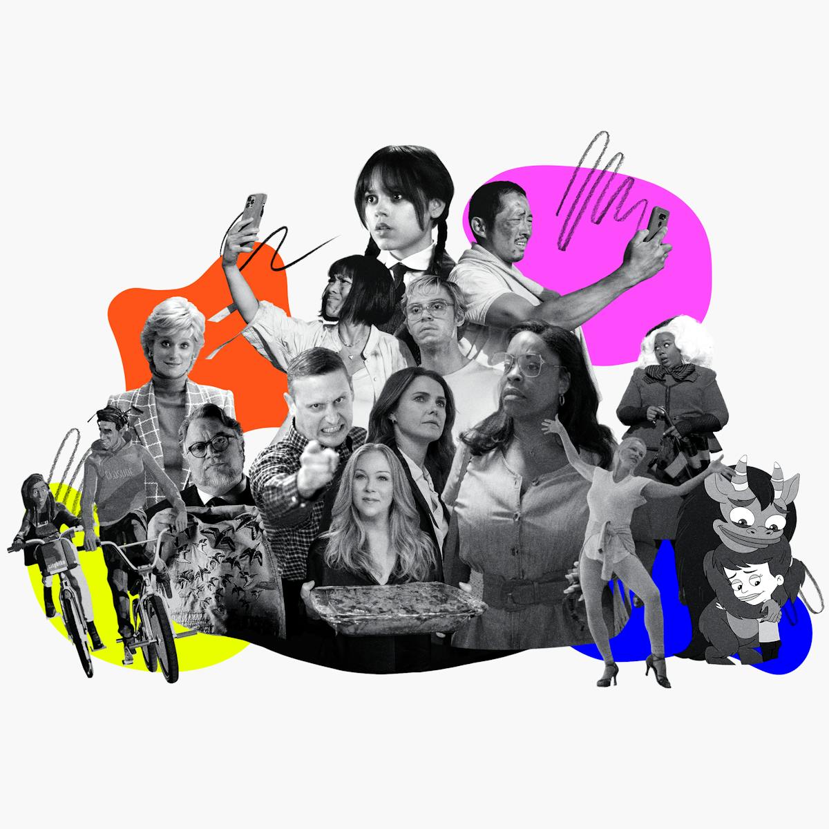A collage of some of Netflix's Emmy nominees. From left to right are: Scott Mescudi and Jessica Williams's animated characters, Jabari and Meadow, on bikes; Princess Diana (Elizabeth Debicki) in a plaid jacket; Guillermo del Toro, Tim Robinson, Amy (Ali Wong) and Danny (Steven Yeun) holding their phones to the sky, Jen Harding (Christina Applegate); Kate Wyler (Keri Russell) in a blazer looking official; Wednesday Addams (Jenna Ortega) in her signature white and black combo; Jeffrey Dahmer (Evan Peters) and Glenda Cleveland (Niecy Nash-Betts) in very 70s glasses; Pamela Anderson in heels and a leotard practicing for Chicago; and two Big Mouth characters, Connie the Hormone Monstress (Maya Rudolph) hugs Jessi (Jessi Glaser). 