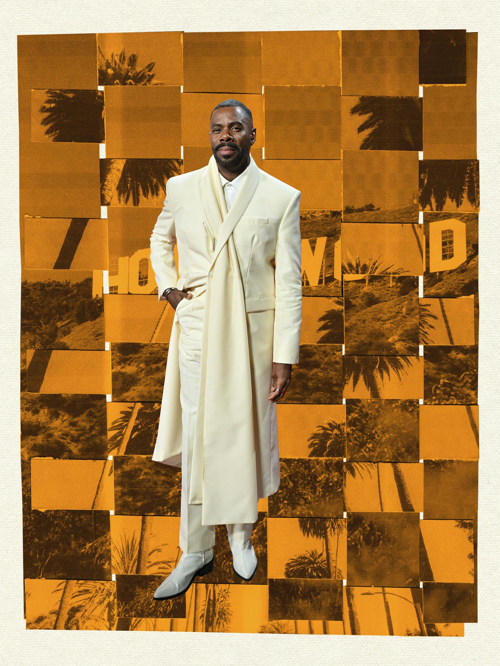 Colman Domingo at the 2023 GQ Men of the Year Party. He wears an all-cream ensemble and poses against an orange checkerboard background.