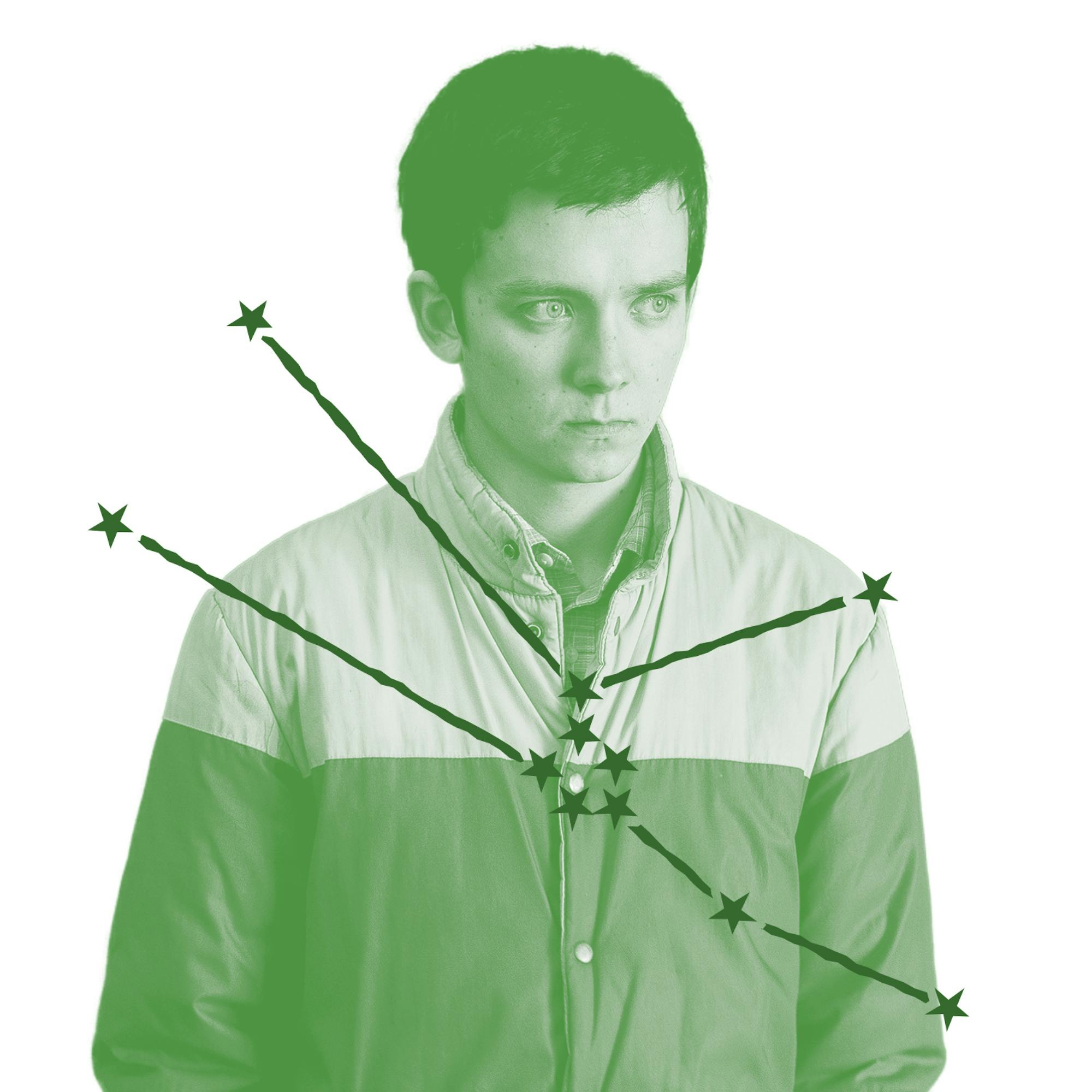 Otis Milburn (played by Asa Butterfield) looks intense in his color-blocked windbreaker in this still from Sex Education. He wears an expression that would make Freud proud. Over the image is an illustration of Otis’s zodiac constellation.