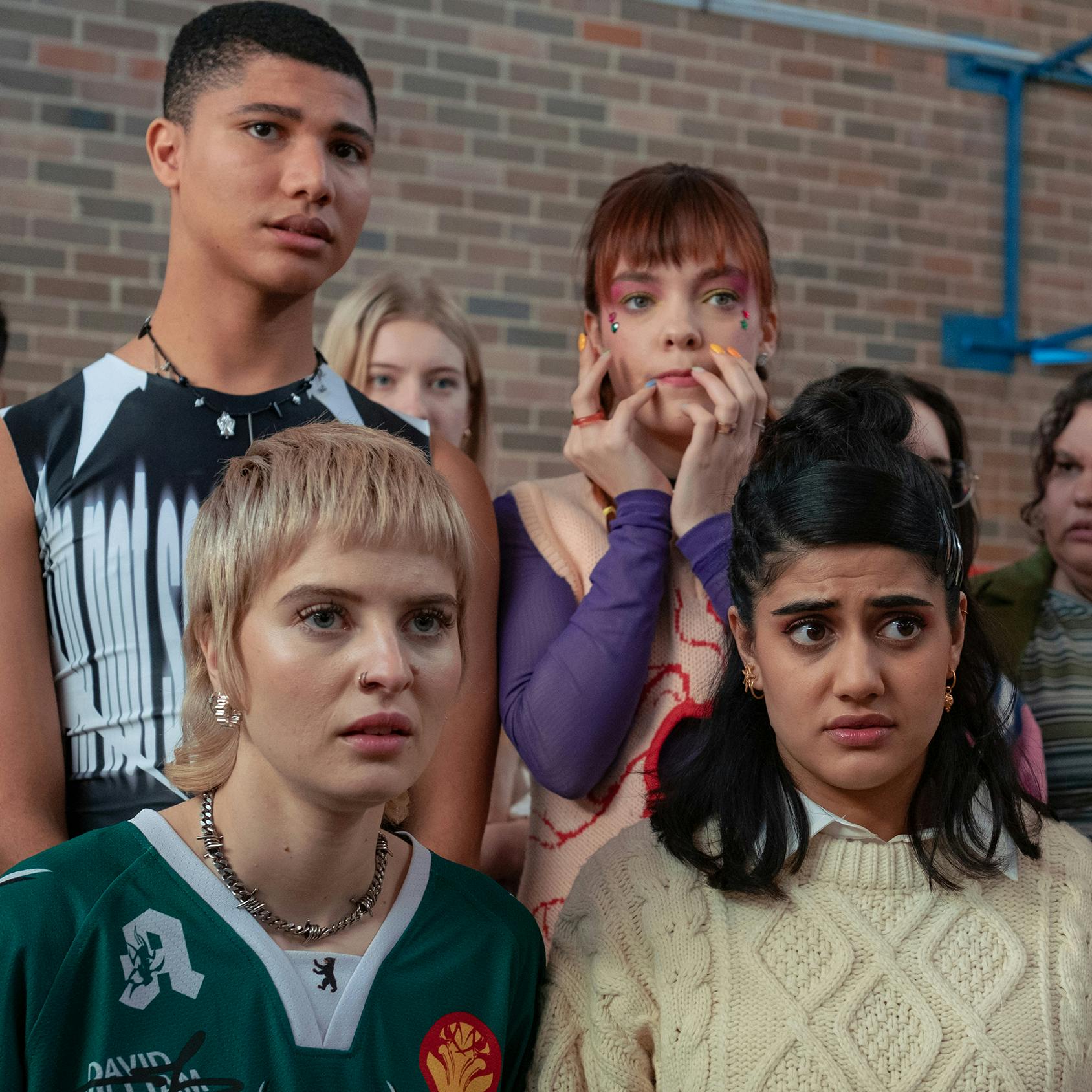 Darren (James Majoos), Quinni (Chloe Hayden), Harper (Asher Yasbincek), Amerie (Ayesha Madon), and Rowan (Sam Rechner) look aghast at something offscreen.