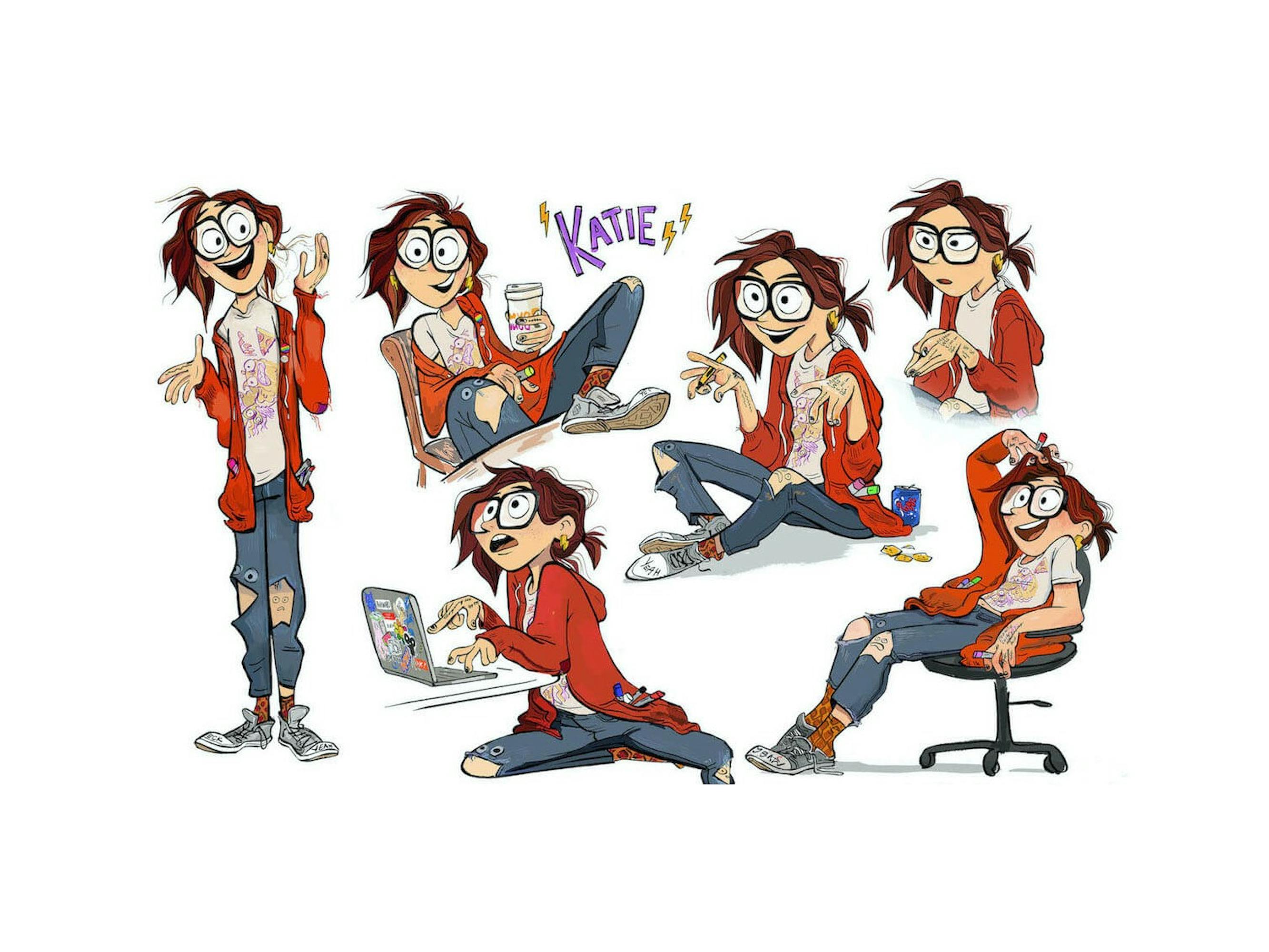 Six images of Katie striking different poses. She wears a comfortable looking hoodie, ripped jeans, floppy shoes, and a grey t-shirt. Her eyes are magnified by circular glasses.