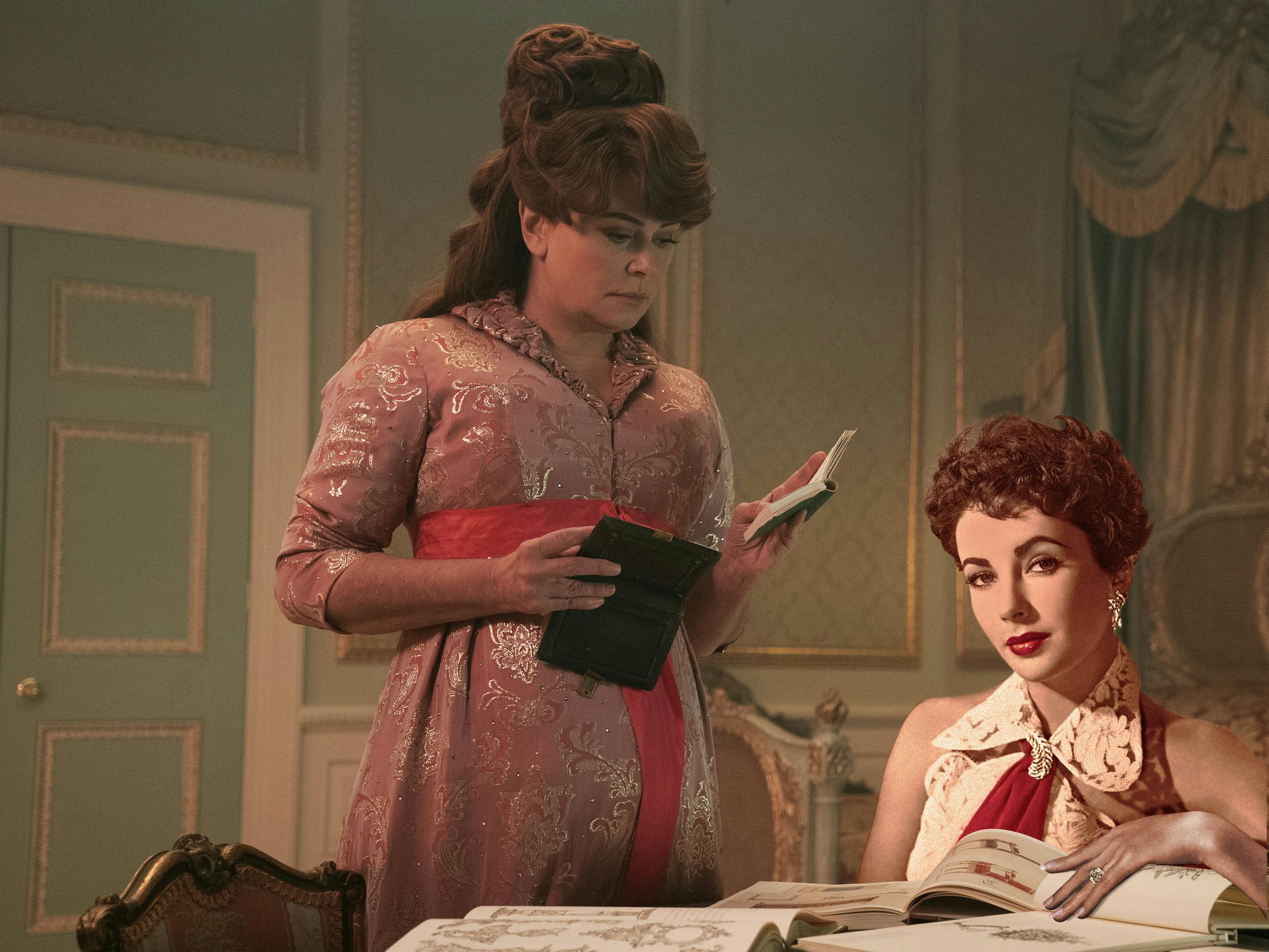 Lady Featherington (Polly Walker) and Elizabeth Taylor look at books in a pistachio colored room.