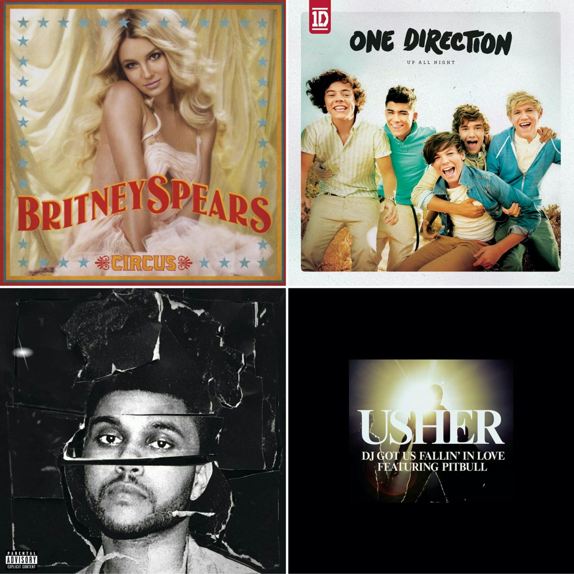 From top left to bottom right: Album or single covers for Circus by Britney Spears, Up All Night by One Direction, Beauty Behind the Madness by The Weeknd, and “DJ Got Us Fallin’ In Love” Featuring Pitbull by Usher.