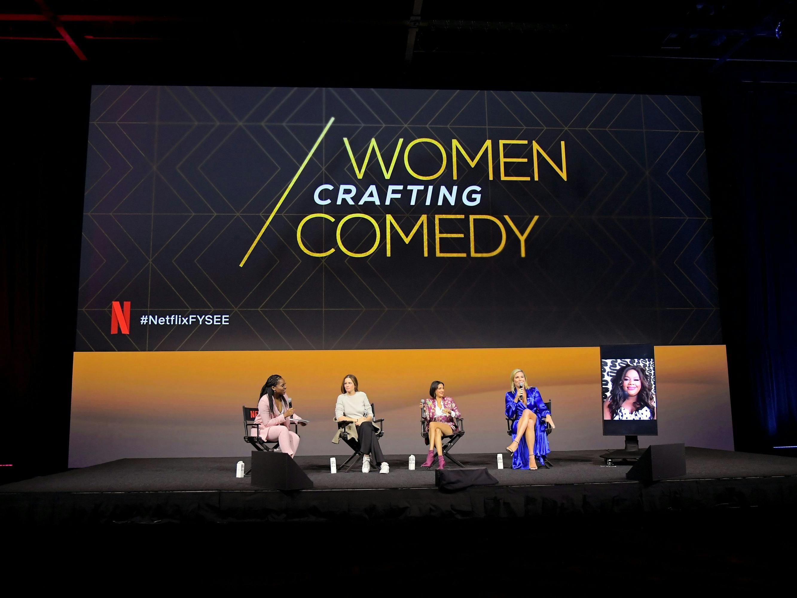 People Magazine's Janine Rubenstein, Amanda Peet (The Chair), Poorna Jagannathan (Never Have I Ever), June Diane Raphael (Grace and Frankie), and Nicole Byer (Nailed It!) sit onstage.