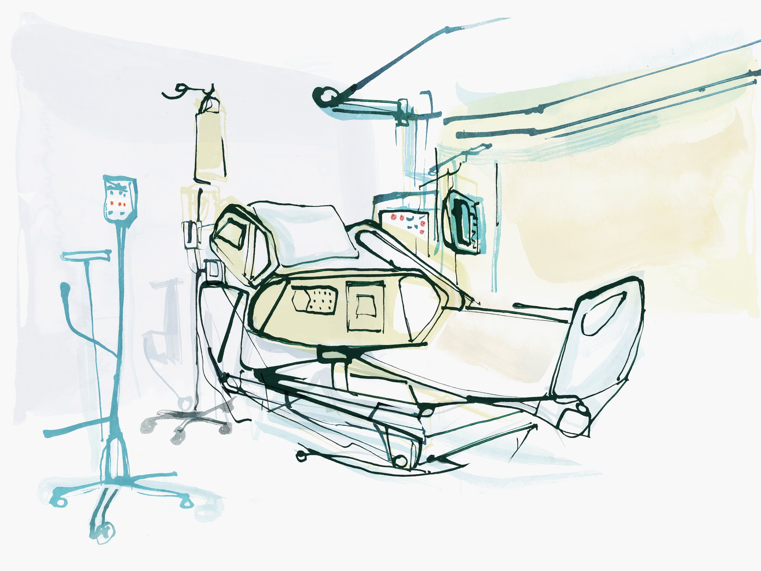 A drawing of a hospital bed and the tools surround it.