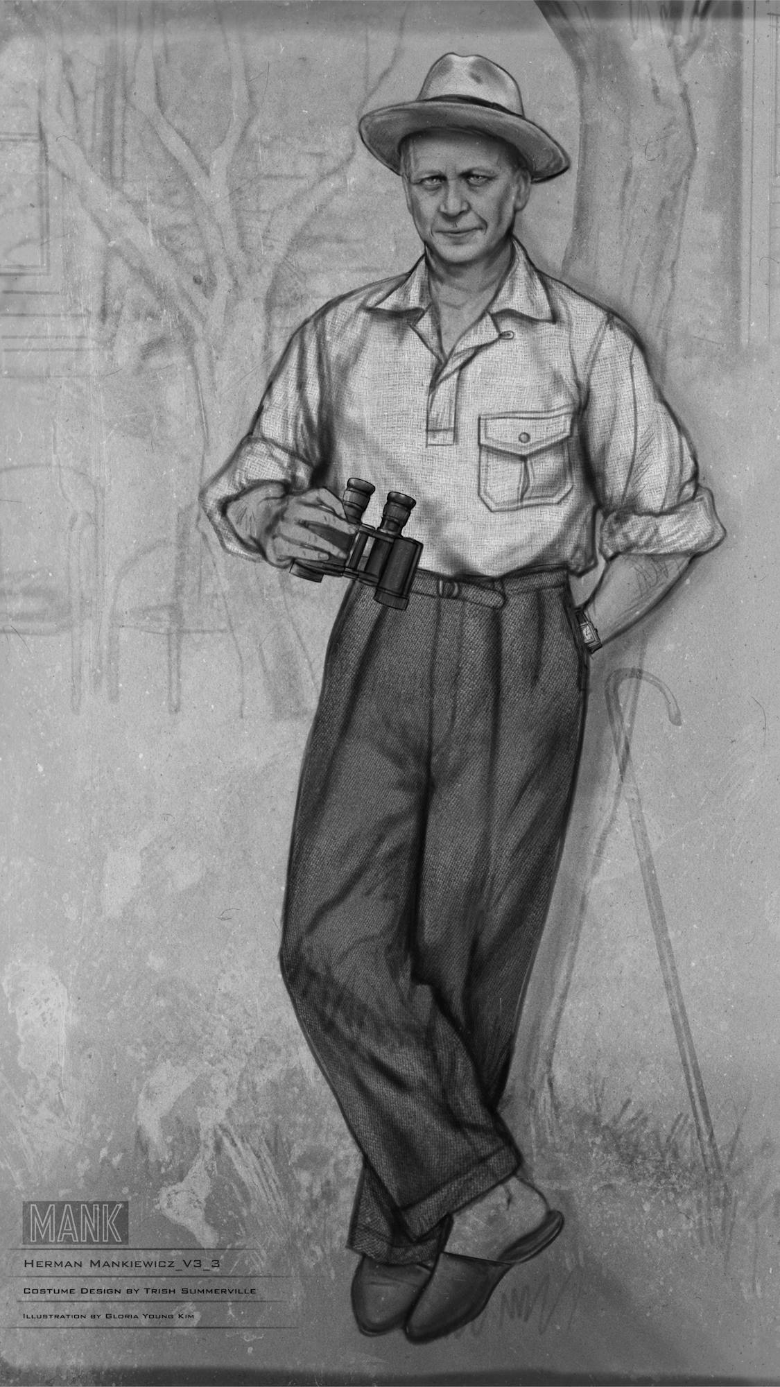Black-and-white costume sketch for Herman Mankiewicz. He leans against a tree, wearing a loose, light-colored shirt, dark trousers, slip-on shoes, and a fedora. He holds a pair of binoculars. 