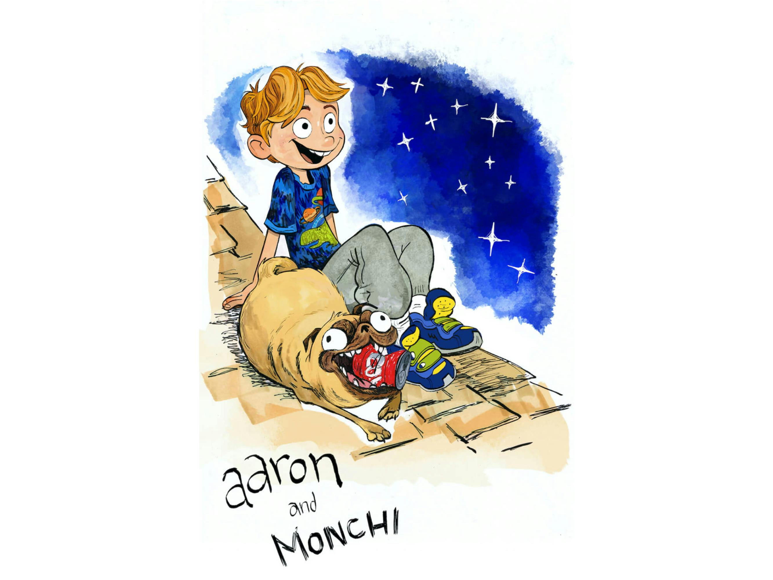 Aaron and Monchi sit on a roof. Aaron wears grey sweats and a blue tshirt. Monchi chews on a red can. The royal blue sky is dotted with stars.