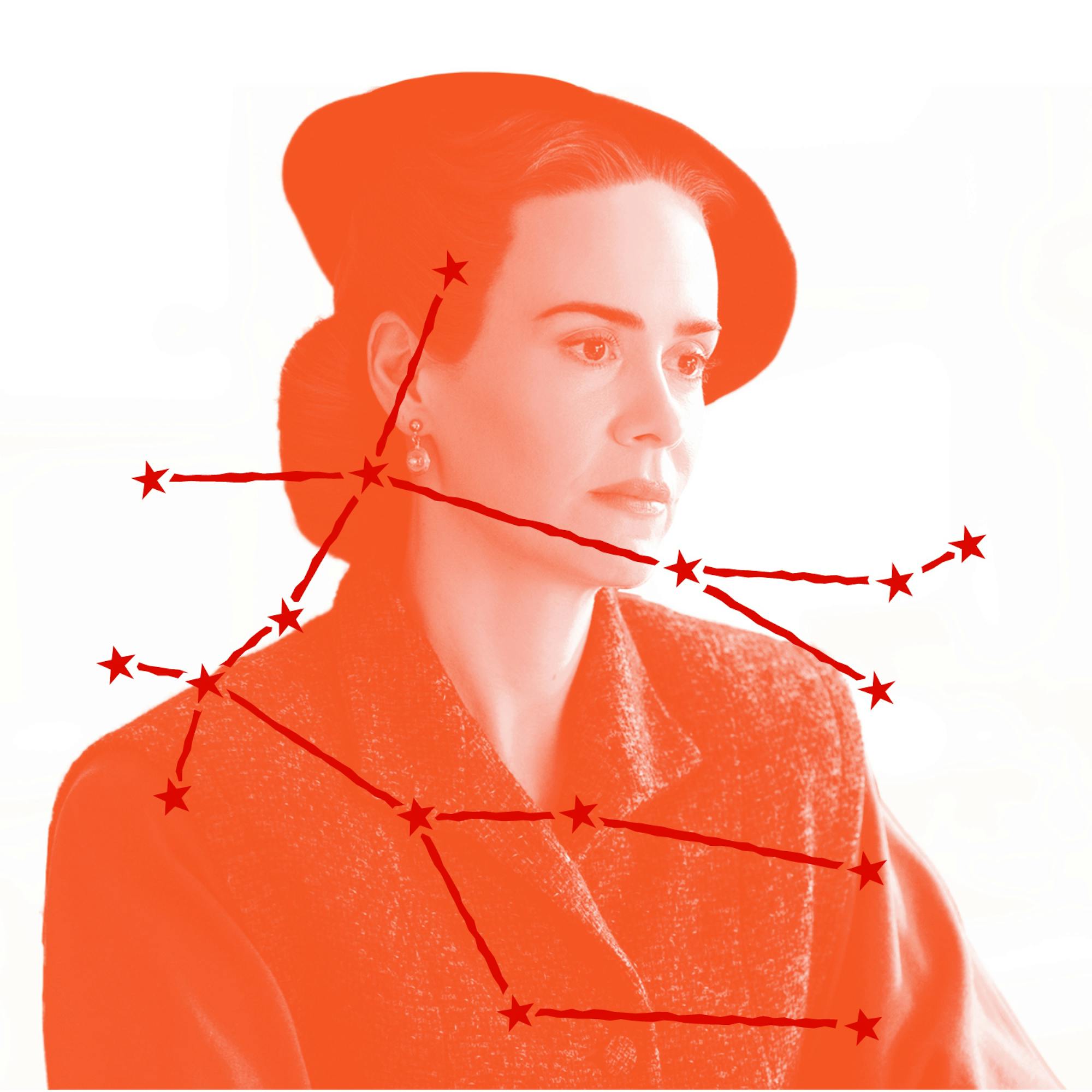 Mildred Ratched (played by Sarah Paulson) looks stern in a precisely chosen coat and hat ensemble in this still from Ratched. We know her star sign, but even we can’t tell you what she’s scheming. Over the image is an illustration of Mildred’s zodiac constellation.