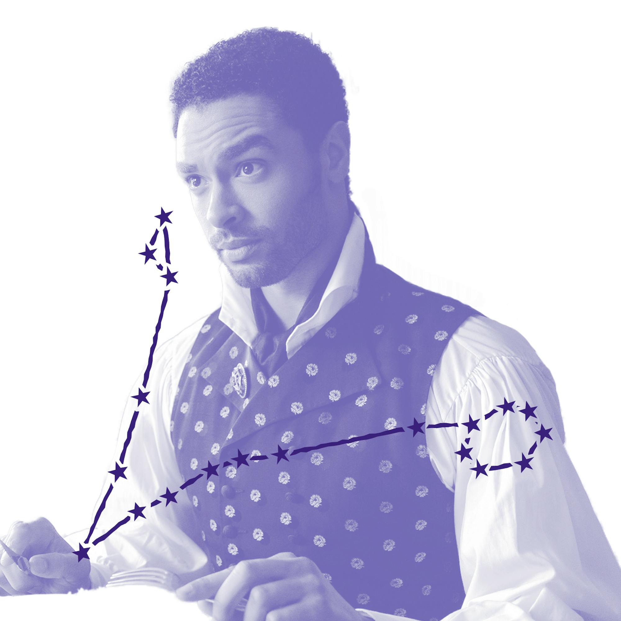 Simon Baset (played by Regé-Jean Page) wears an impenetrable expression that far overshadows his heavily patterned vest and puff-sleeved shirt. Over the image is an illustration of Simon’s zodiac constellation.