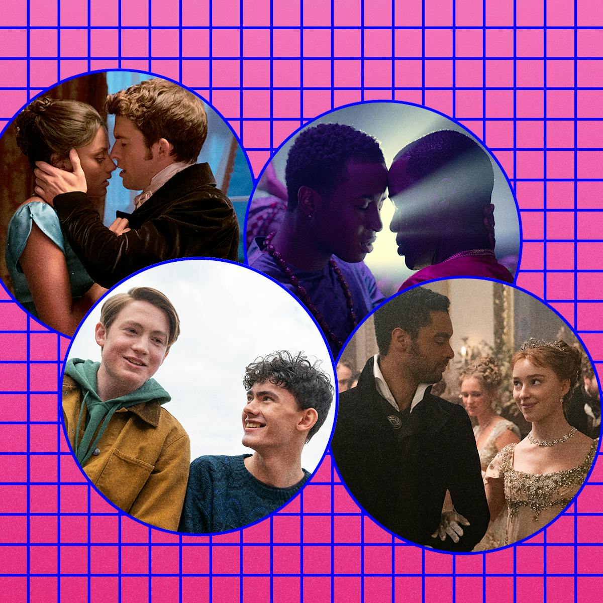 Four windows into some of Netflix's steamiest shows. From top left to bottom right Antony Bridgerton and Kate Sharma are tortured in a will-they-wont-they embrace in Bridgerton; Eric Effiong embraces Oba in a rave-lit shot in Sex Education; Heartstopper's Nick and Charlie smile and look giddy with a crush; another shot from Bridgerton shows Daphne and the Duke wake through a ball. 