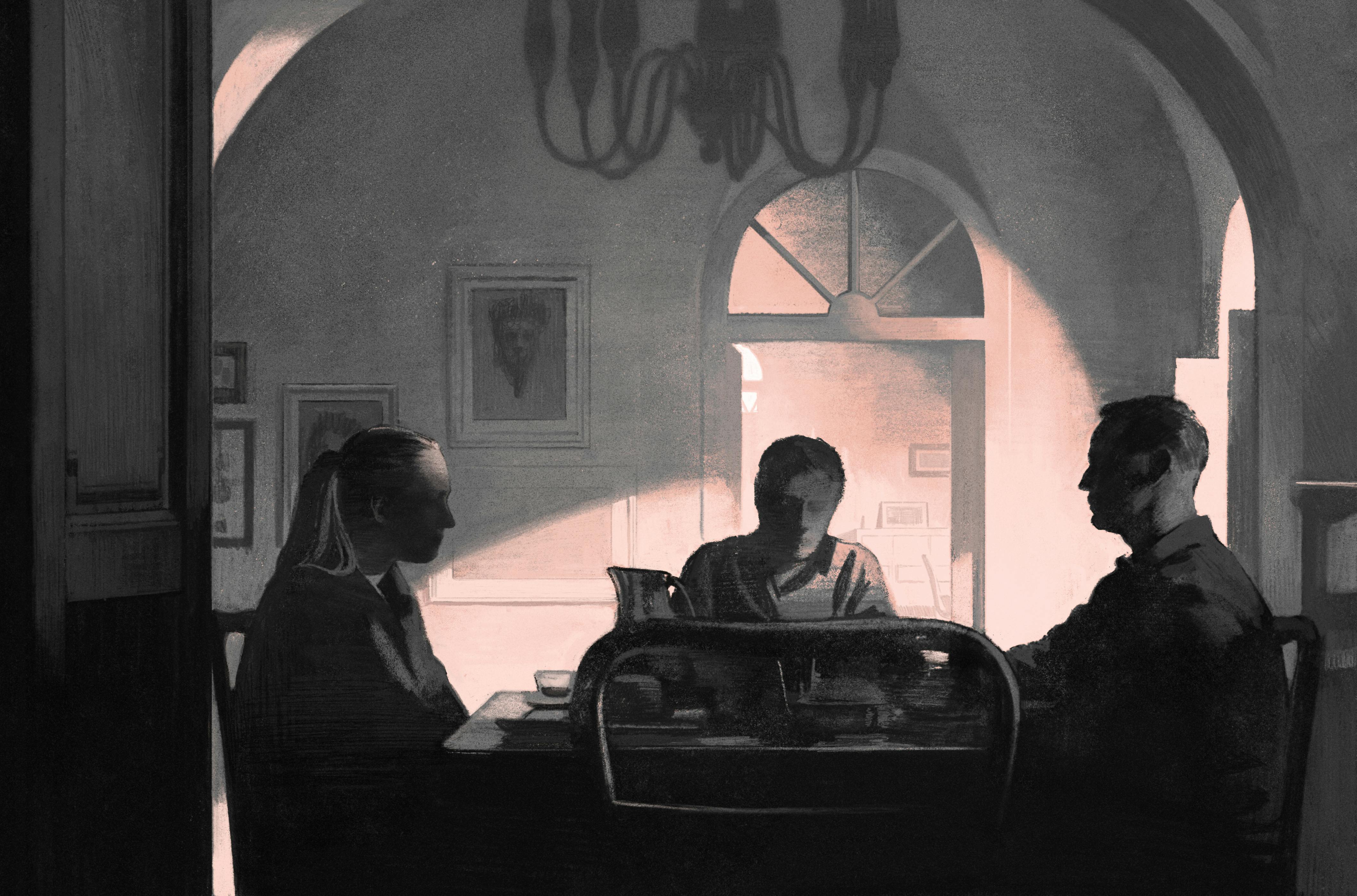 A sketch of Dakota Fanning, Johnny Flynn, and Andrew Scott in character, sitting around a dinner table.