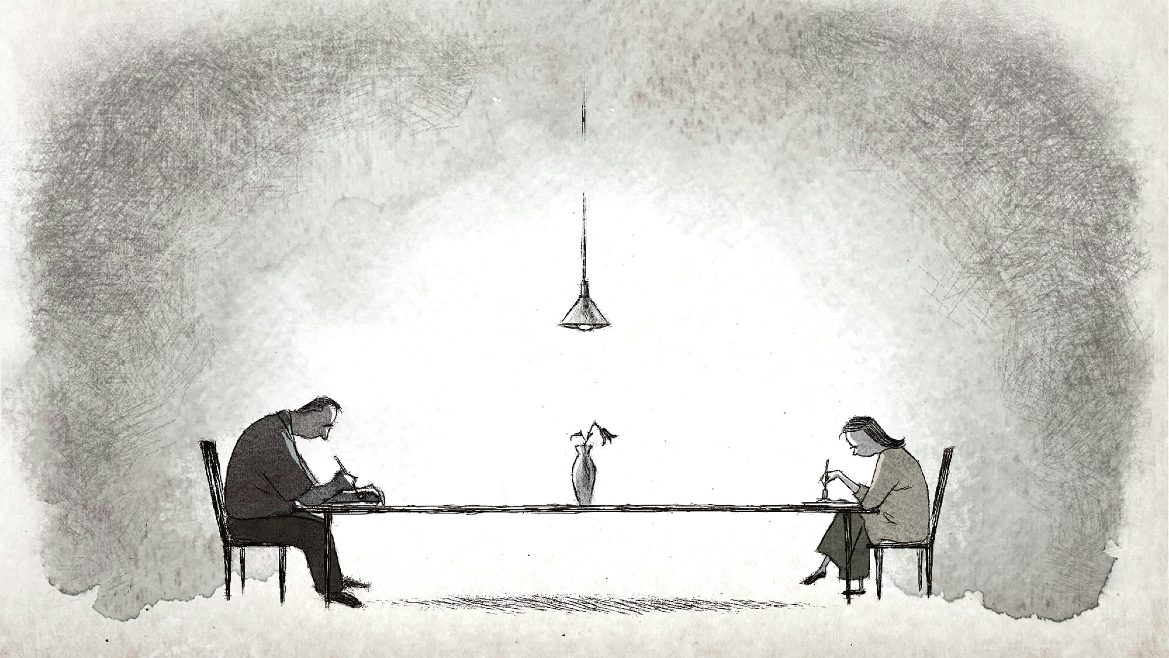 A still from If Anything Happens I Love You. The grayscale animation shows two parents sitting far apart, on opposite sides of a dinner table, their eyes downcast.