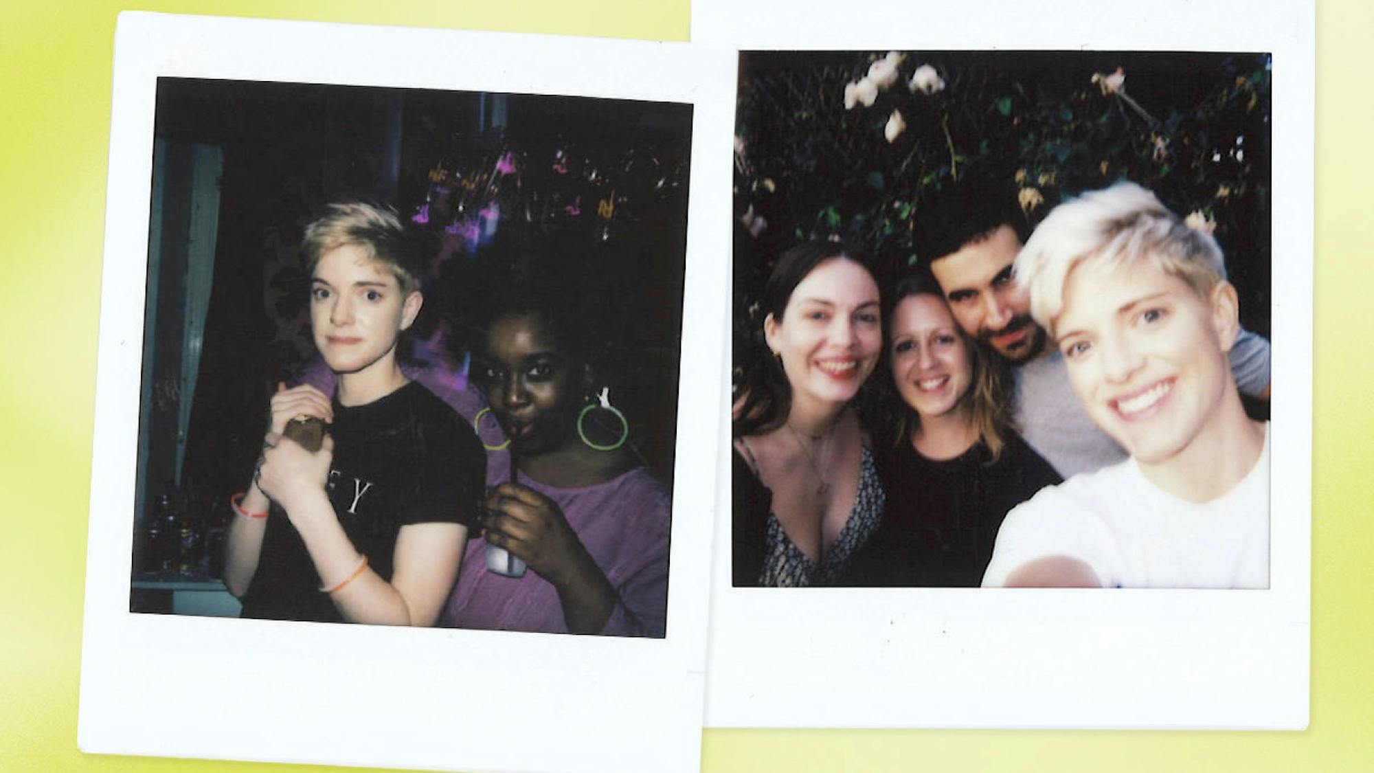 Mae Martin in two polaroid shots with friends. The first features Mae with one friend, and the second features three friends.