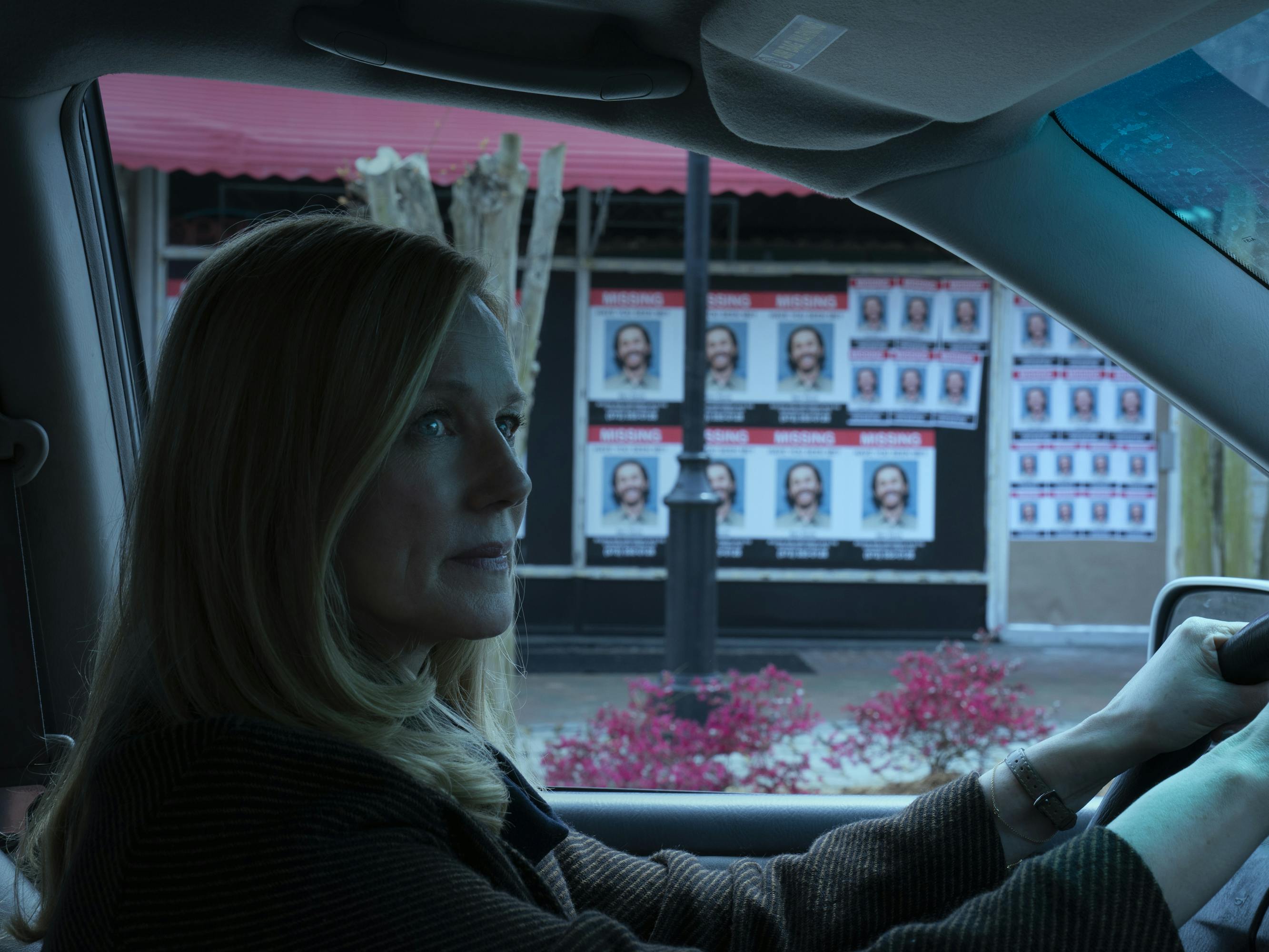 Laura Linney drives a car by a bunch of wanted signs.