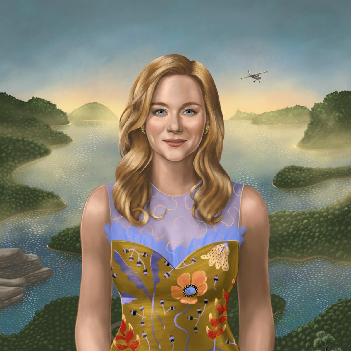 This beautiful illustration by Shyama Golden shows Wendy (Laura Linney), stood in front of the landscape of the Ozarks.  A small plane crosses over the misty mountains and lakes behind her as the sun rises.  She is wearing a sleeveless floral dress, her blonde wavy hair framing her face.
