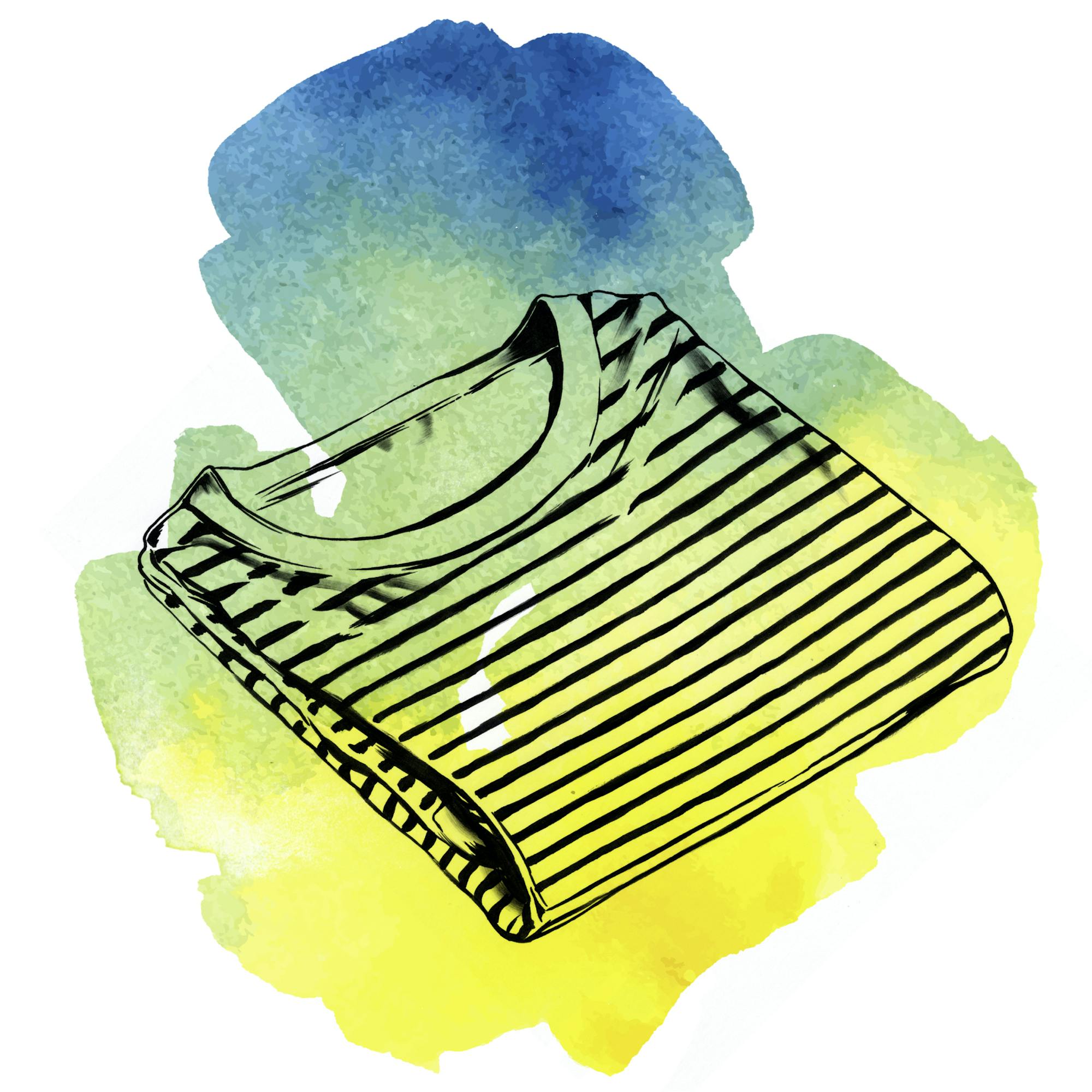 Watercolor illustration of a striped French New Wave shirt, neatly folded. Or as Jean-Luc Godard might say: “Quand j’entends le mot culture, je sors mon carnet de chèques.”