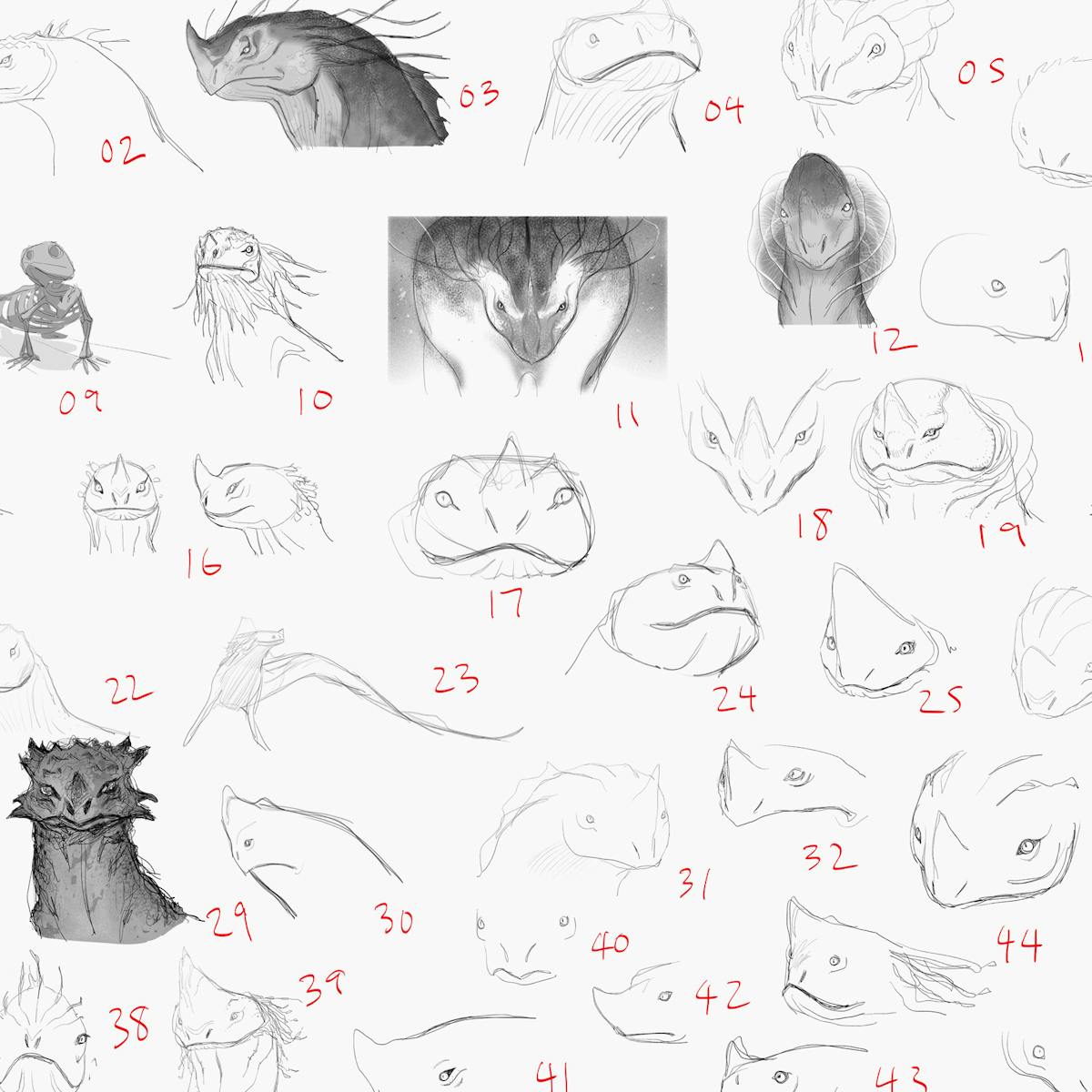Some black-and-white sketches of the creatures of The Sea Beast, numbered with red font.