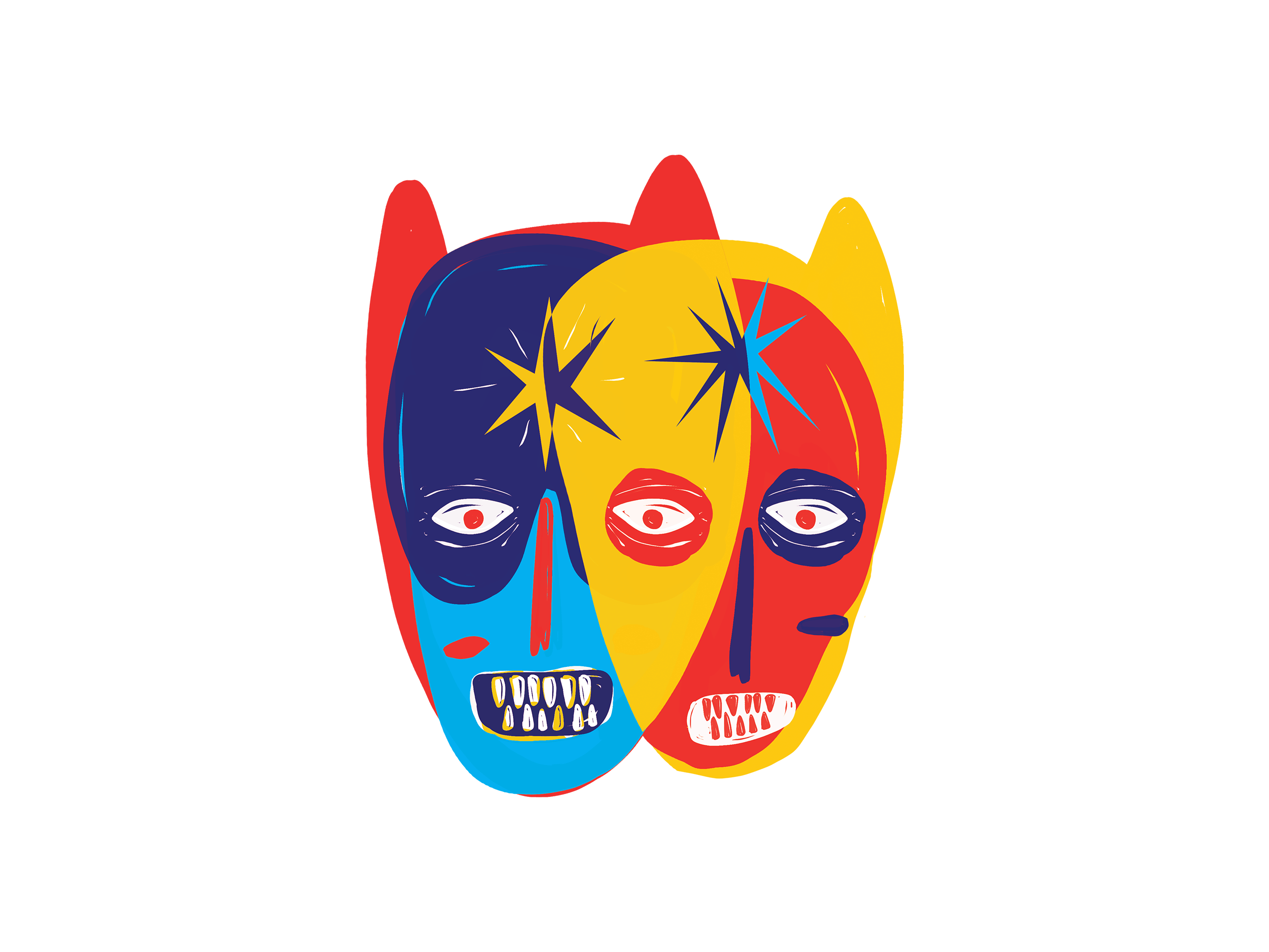 two masks lie on top of each other— one is yellow and red, one is blue and light blue.