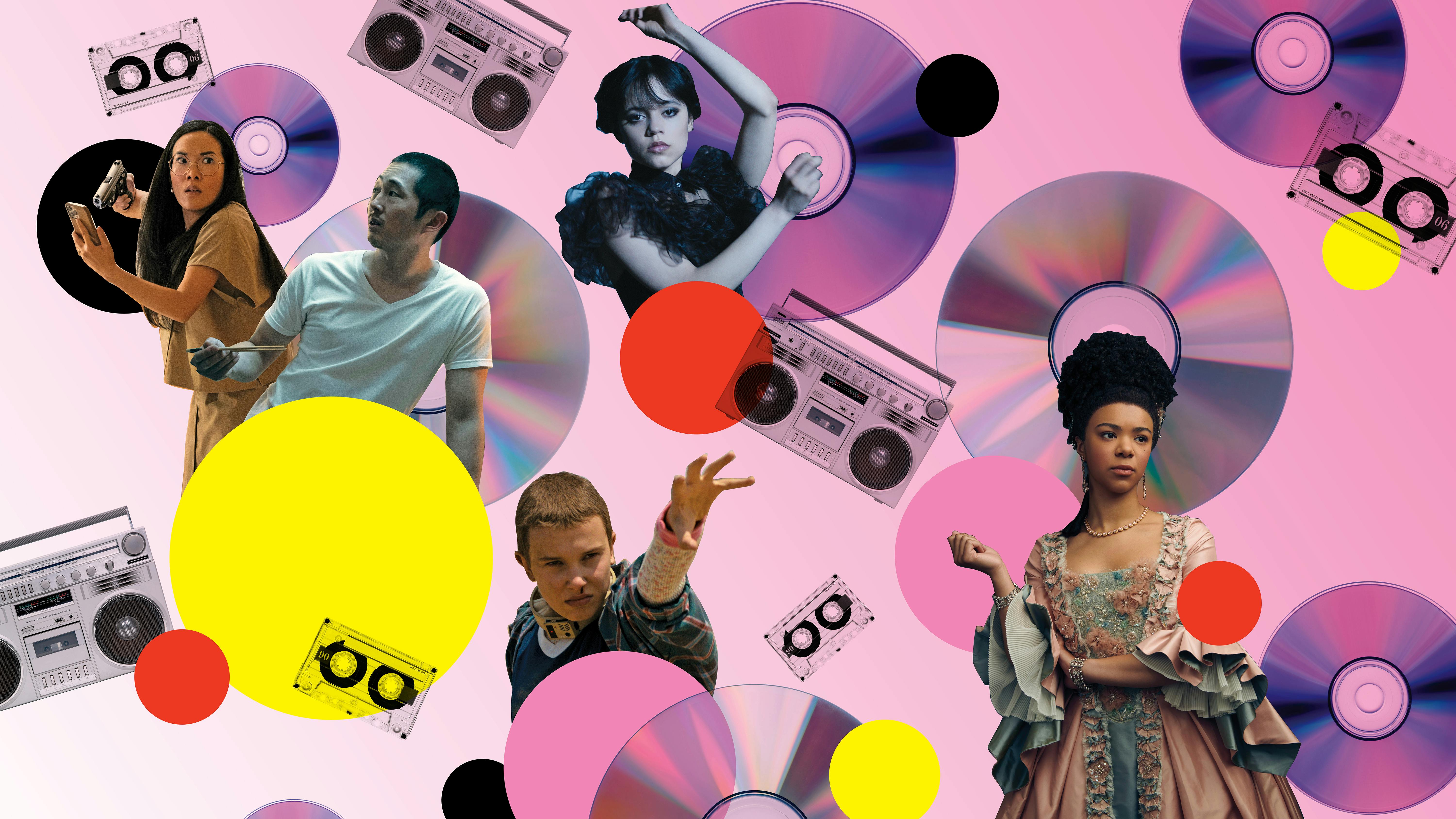 A collage of Amy Lau, Danny Cho, Wednesday, Eleven, and Queen Charlotte; some CDs, cassettes, and boomboxes; red, pink, and yellow dots against a pink background.