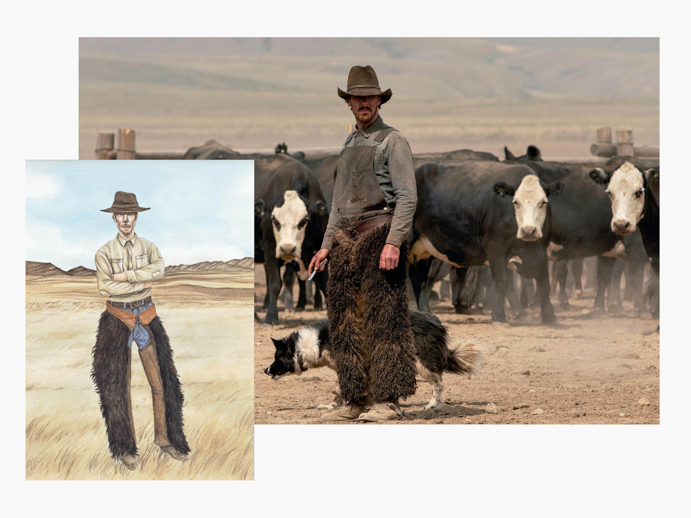 Benedict Cumberbatch wears furry chaps and a wide brimmed hat and stands in front of cows. To the left of the image is a small sketch with the same outfit.