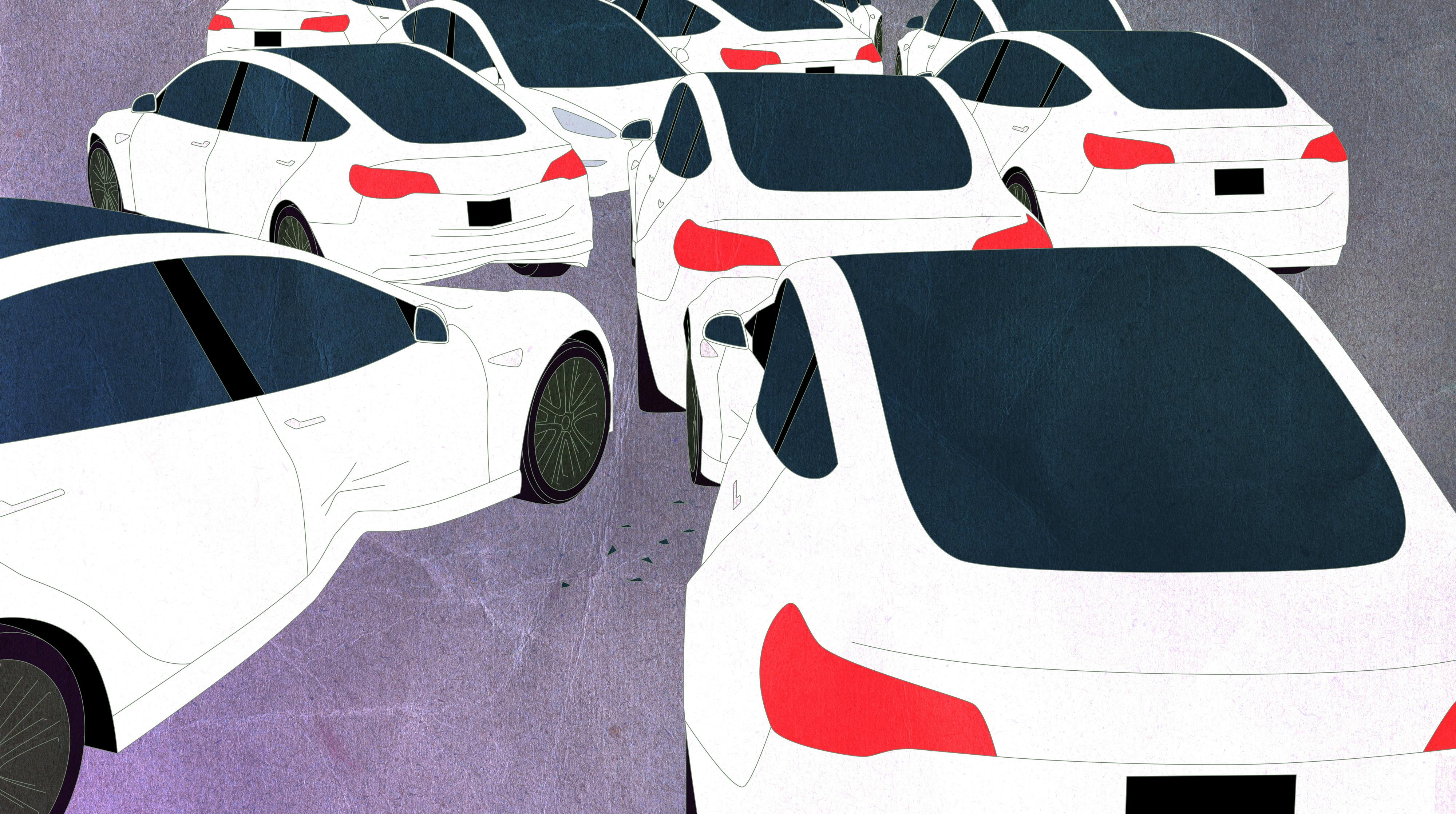 An illustrated drawing of some white Teslas in a pile-up, against a purple background.