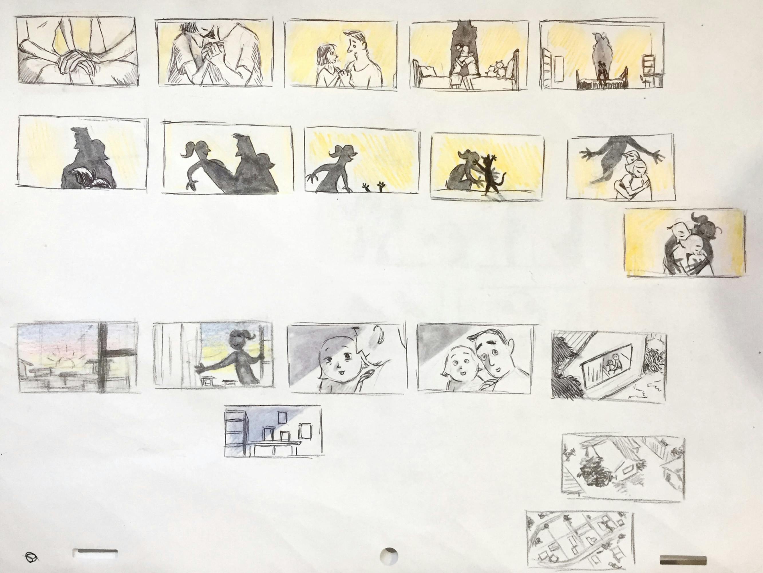 Storyboards for If Anything Happens I Love You show the emotional journey of the parents in the film as they grapple with the loss of their daughter. Their emotional state is in part represented by spectral figures who loom above the scenes.