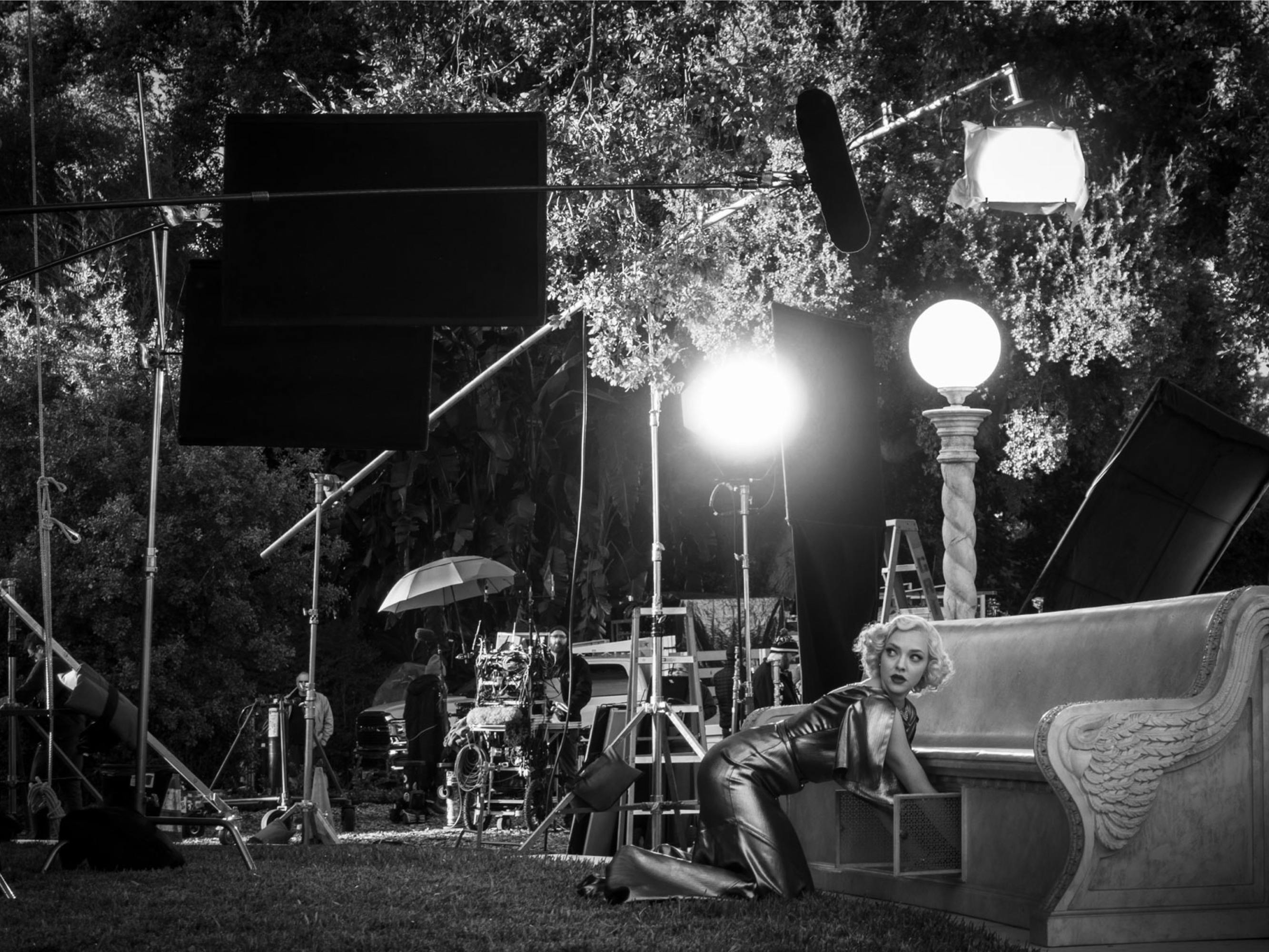 Seyfried is dressed as Marion Davies, in a striking gold lamé gown. She kneels on the grass in front of a stone bench on the would-be grounds of the Hearst estate in San Simeon. Film equipment surrounds her and a particularly bright spotlight makes her gown shimmer even as it throws a white light up at the trees above.