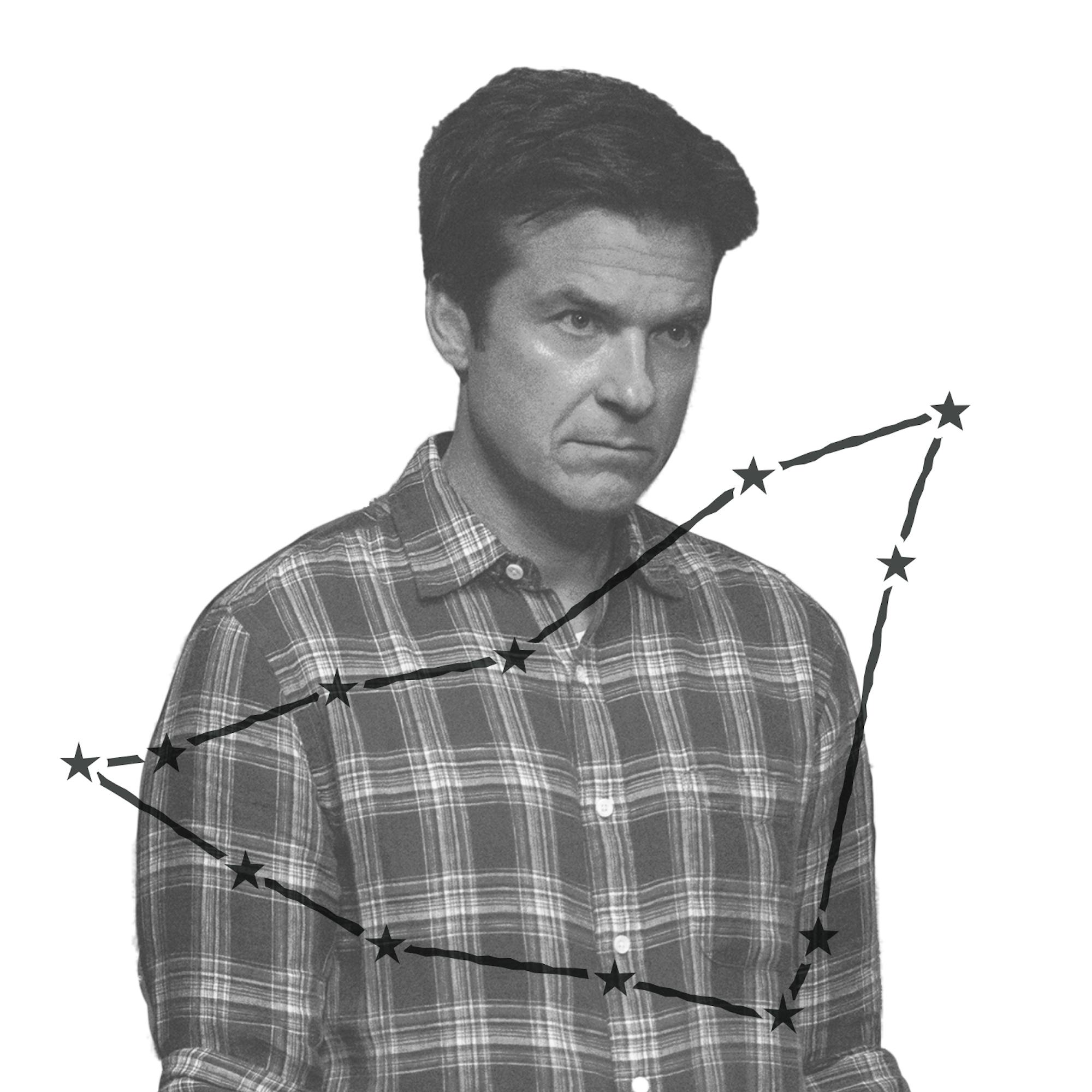 Marty Byrde (played by Jason Bateman) looks downright criminal in his flannel button-down in this still from Ozark. Over the image is an illustration of Marty’s zodiac constellation.