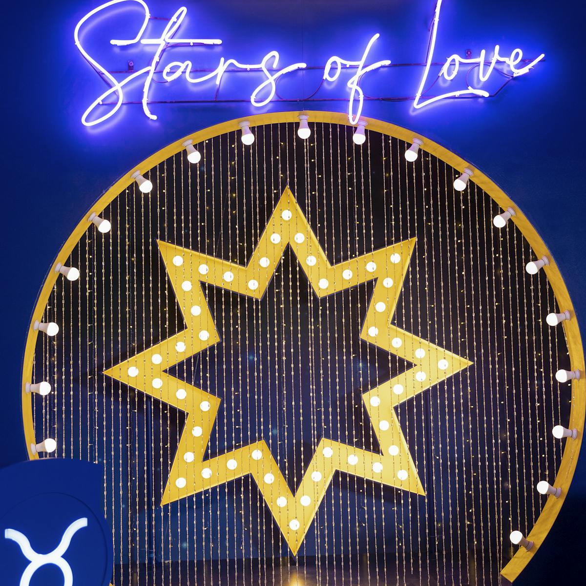 A yellow star flanked by horoscope signs. Atop the wheel says "Stars of Love."