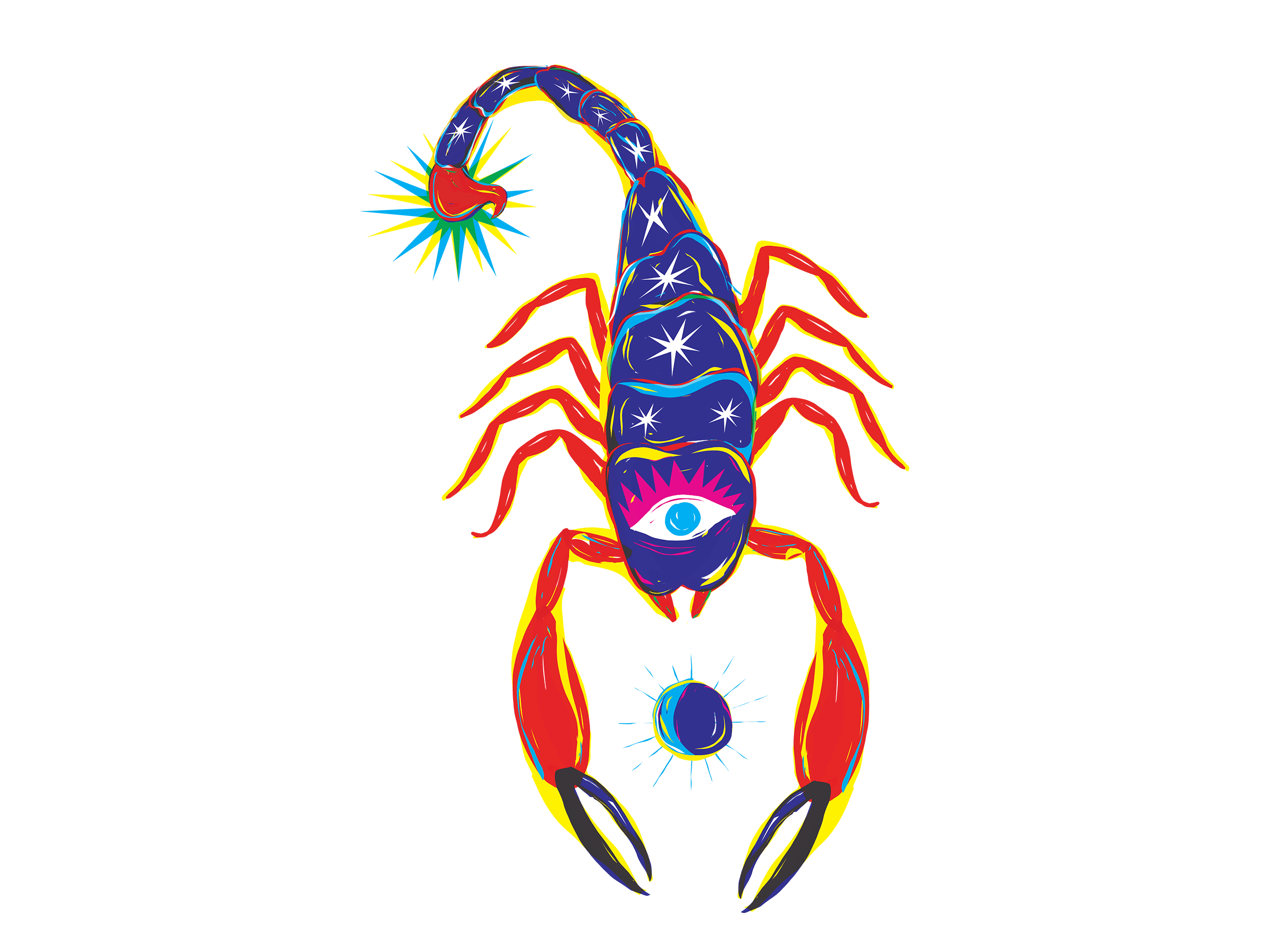 A scorpio with an eye in the middle, and orange legs.