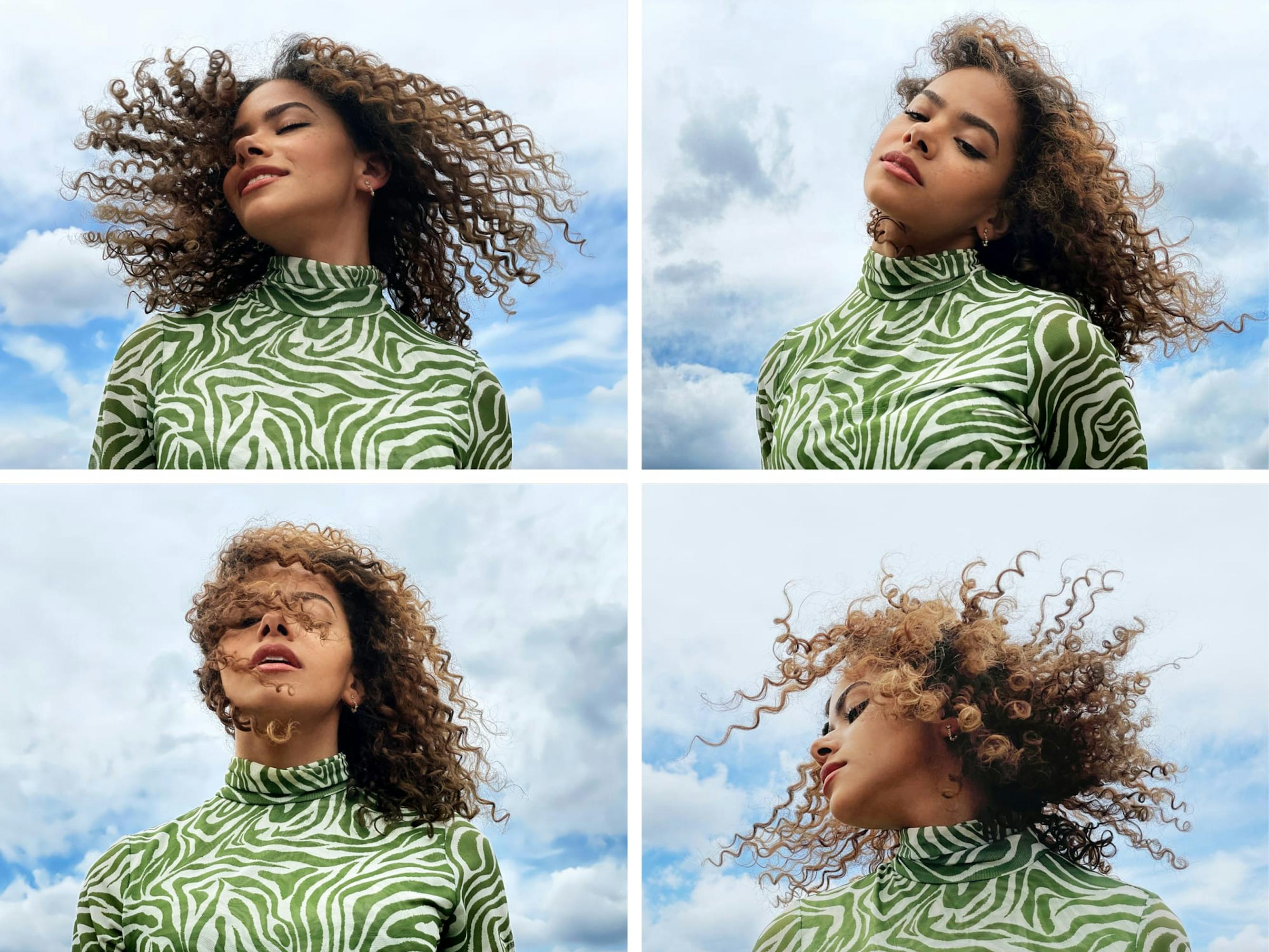 Four images of Gentry in a green zebra print shirt. Each image shows her at some stage of a hair flip. The sky behind her is blue streaked with clouds and you can see a peek of a tree in the top two images.