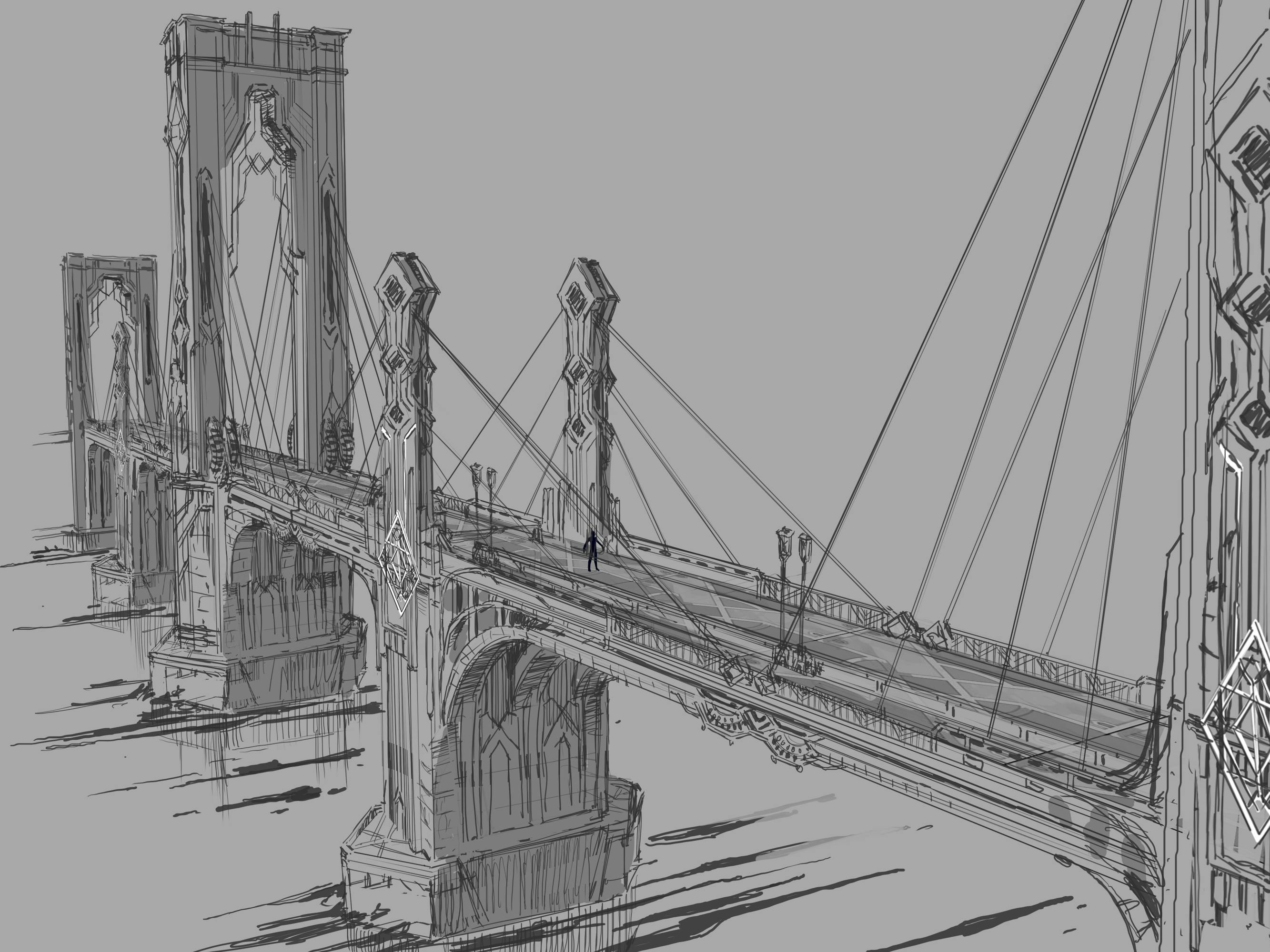 A sketch of an intricately drawn bridge.