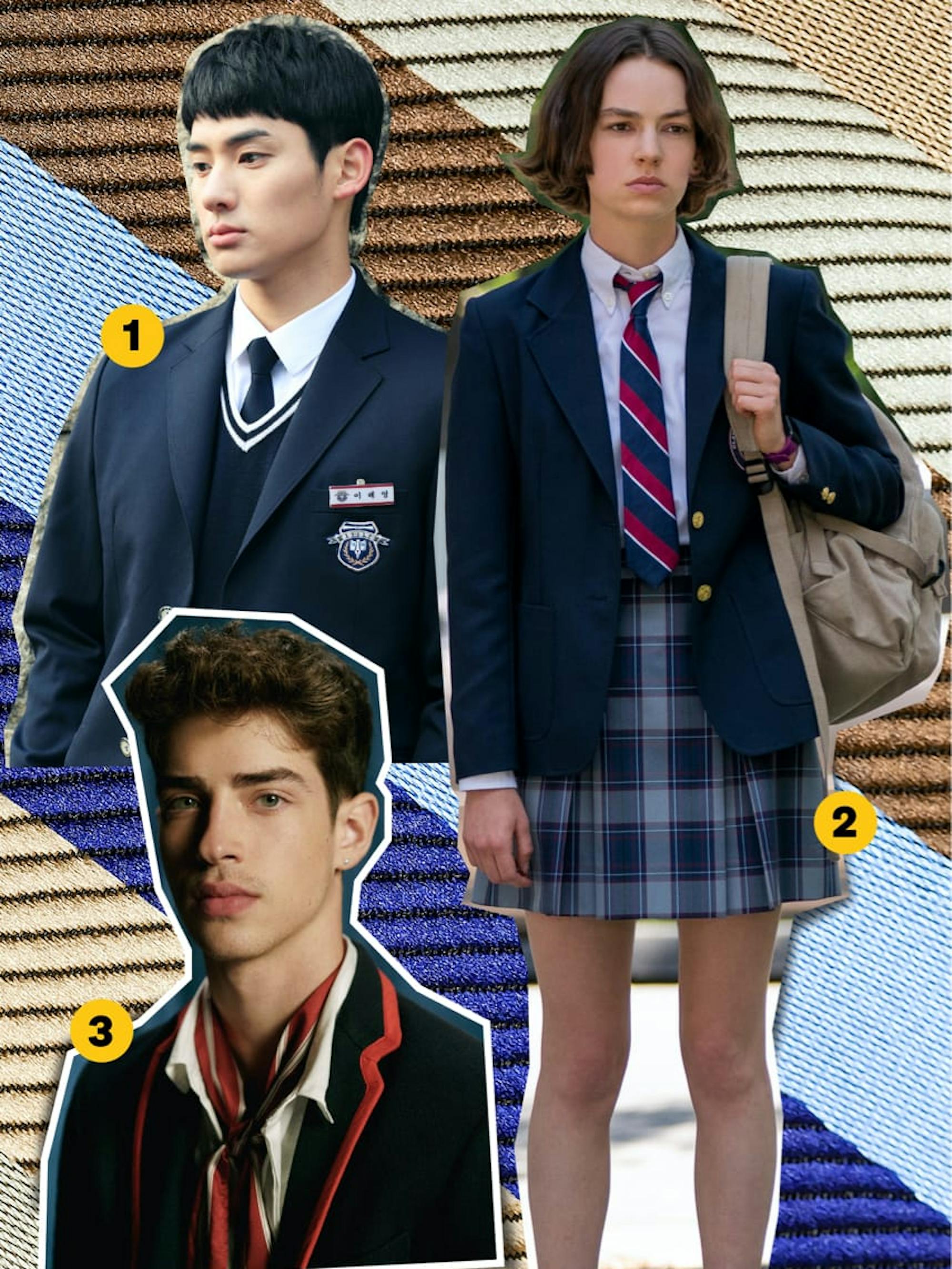 Jung Ga-ram (Love Alarm), Brigette Lundy-Paine (Atypical), and Manu Ríos (Elite) are wearing their characters’ school uniforms. Their pictures are cut out and collaged over a blue- and gold-striped, textured fabric.