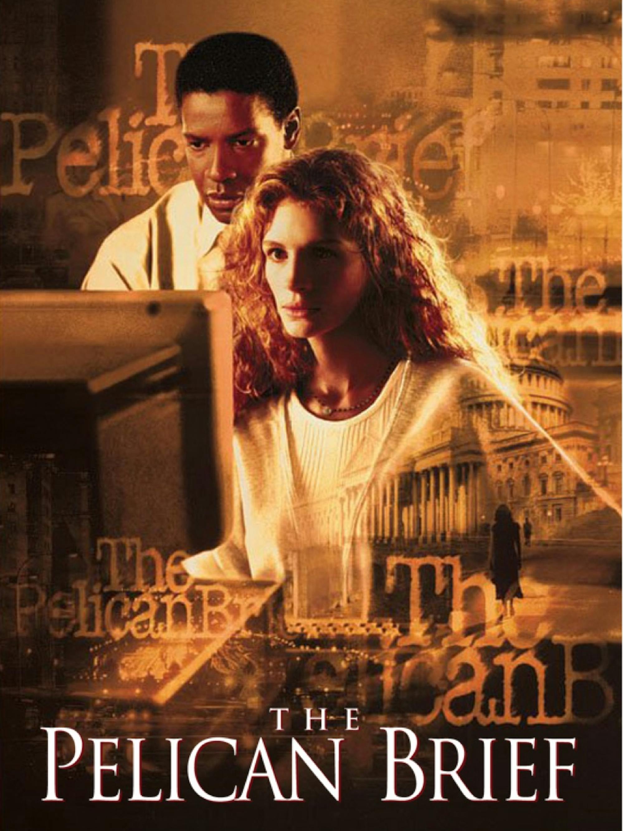 A movie poster of The Pelican Brief with Julia Roberts and Denzel Washington. Both actors look at a computer screen with concerned expressions. The poster has a sepia tone, and the title floats in the background.