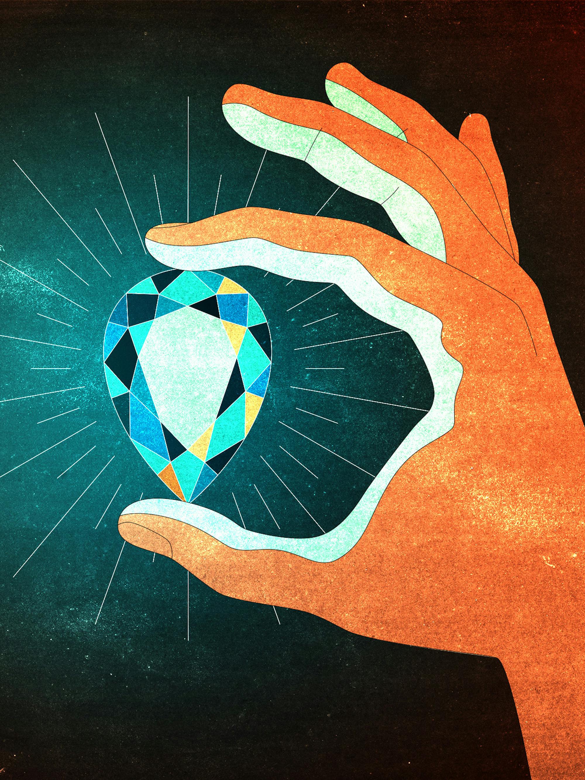 The Sea of Flames, a sought-after blue diamond, is held between a thumb and index finger.